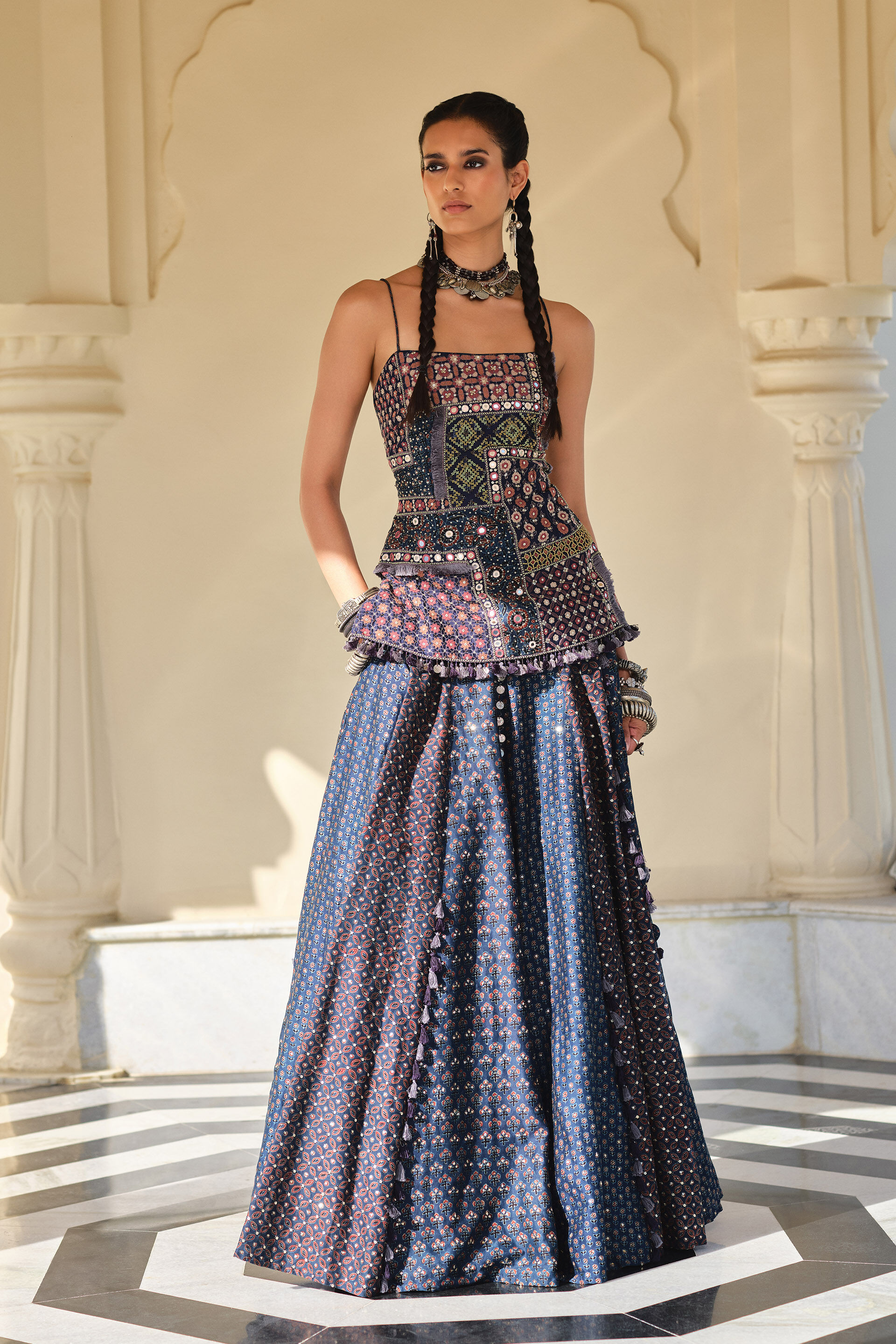 Wanderer Blue Mirror Embroidered Ajrakh Skirt Set