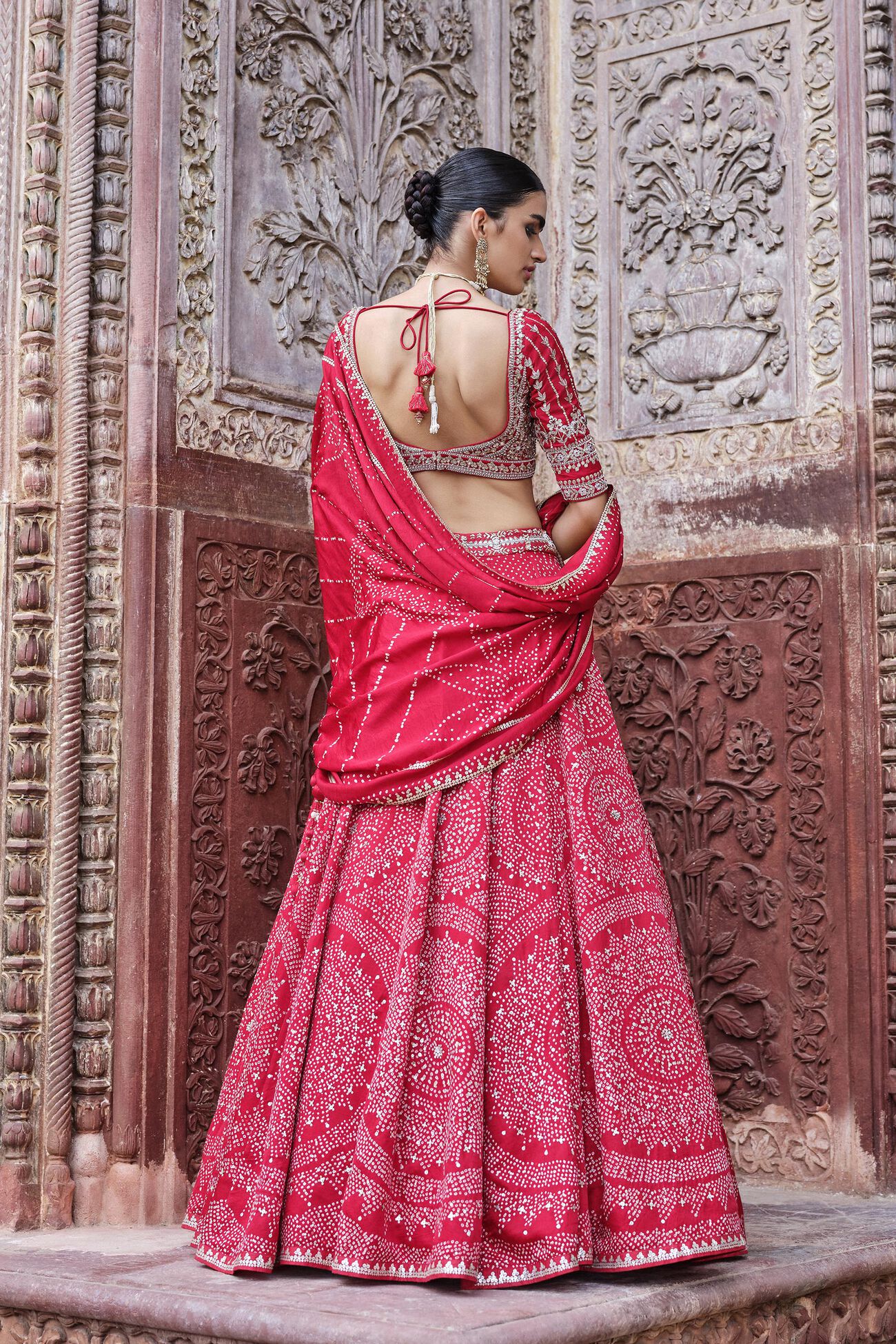 Raya Handcrafted Bandhani Silk Lehenga Set - Red, Red, image 2