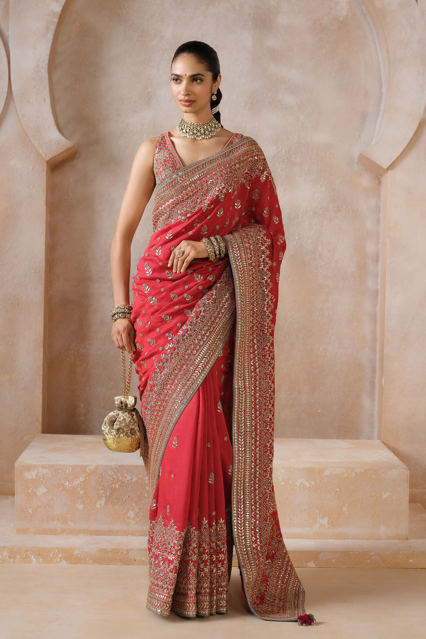 Manjara Gota Patti Silk Saree - Red
