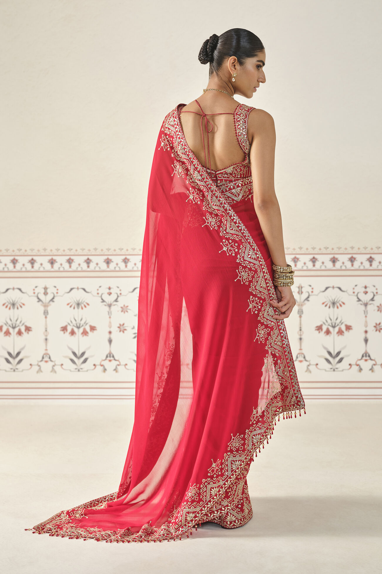 Shyena Gota Patti Georgette Saree - Red, Red, image 2