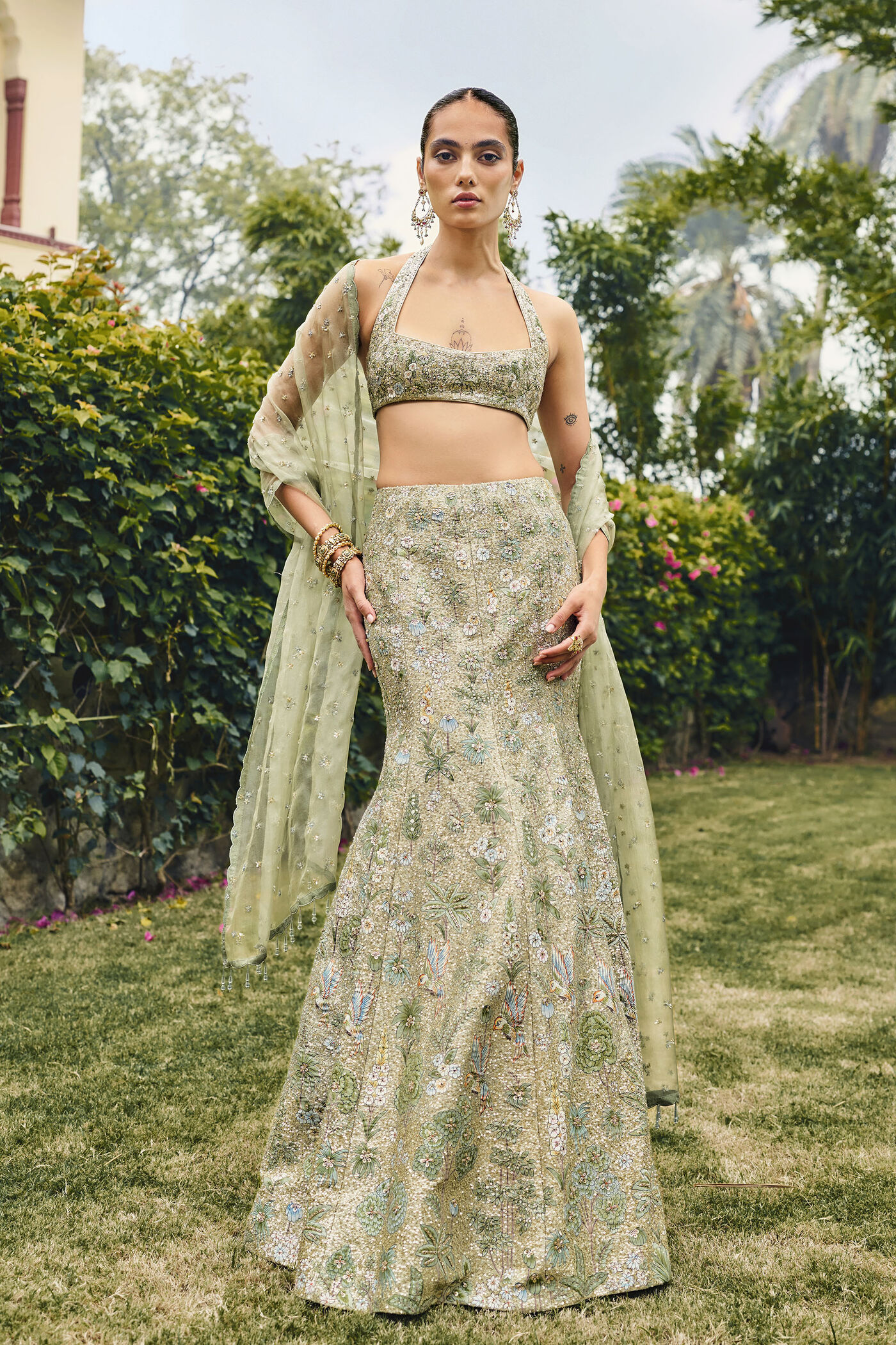 Reverie Hand-painted Pichhwai Fishtail Lehenga Set - Sage