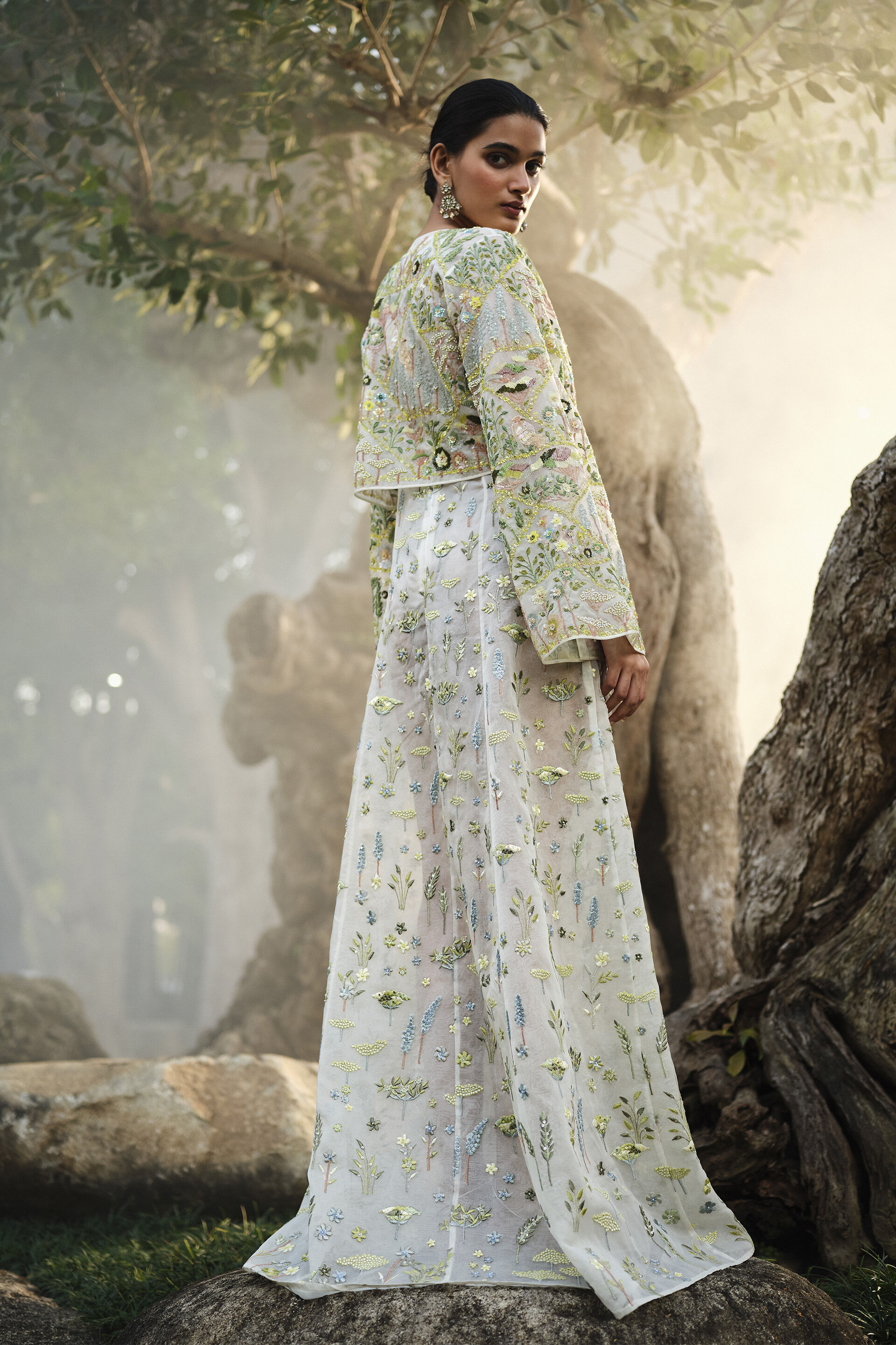 Faunus Embroidered Silk Jacket Set - Ivory