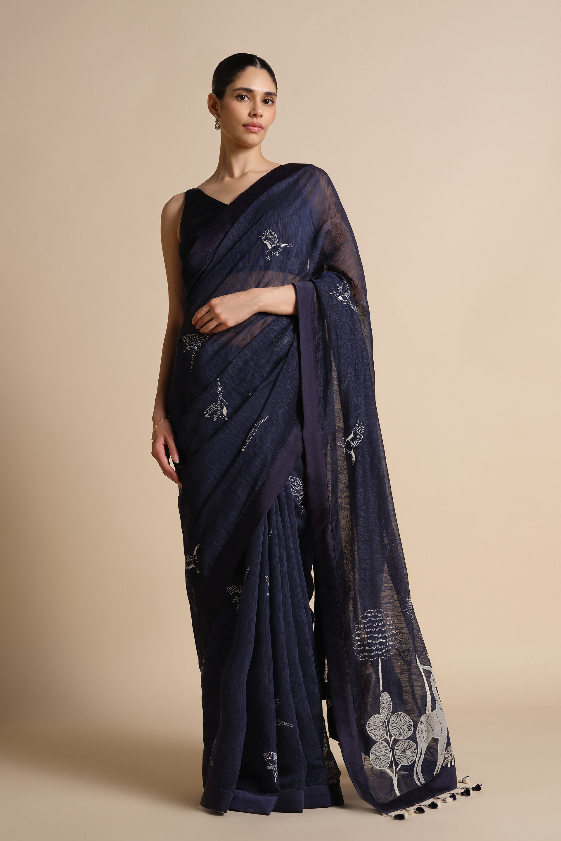 Shahaf Hand-embroidered Kantha Saree - Indigo