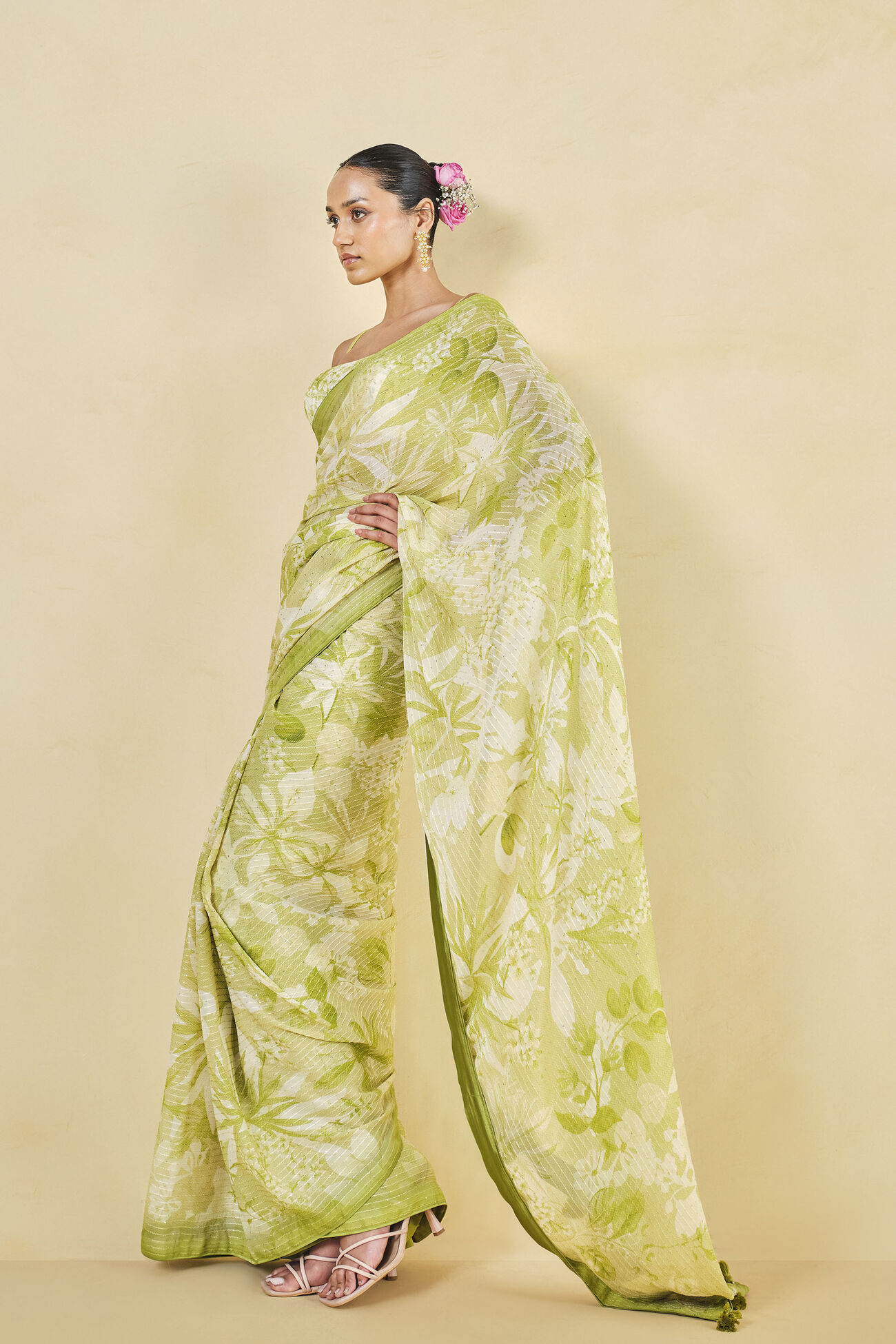 From The Tropics Georgette Saree - Lime, Lime, image 3