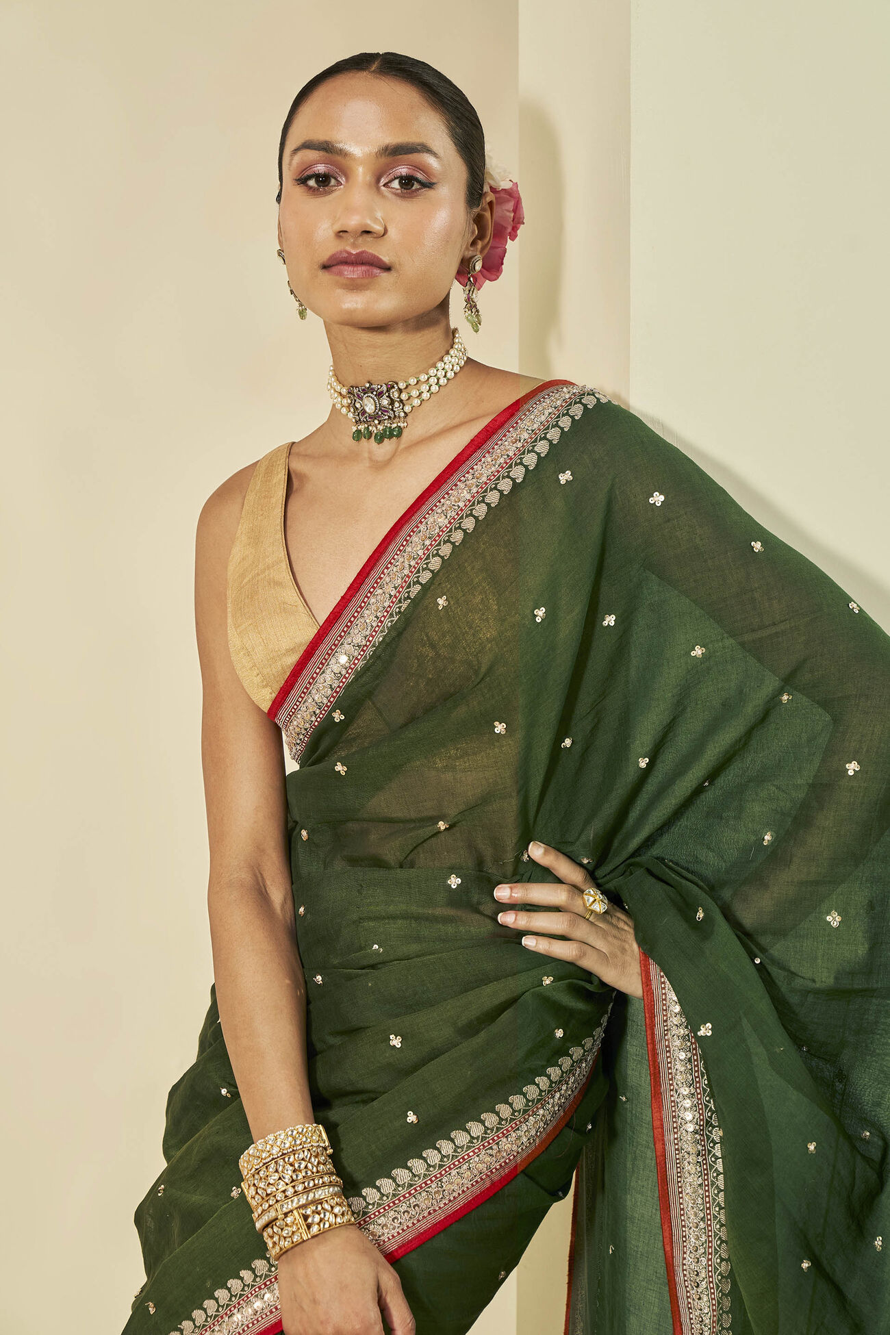 Varshal Embroidered Cotton Saree - Green, Green, image 4