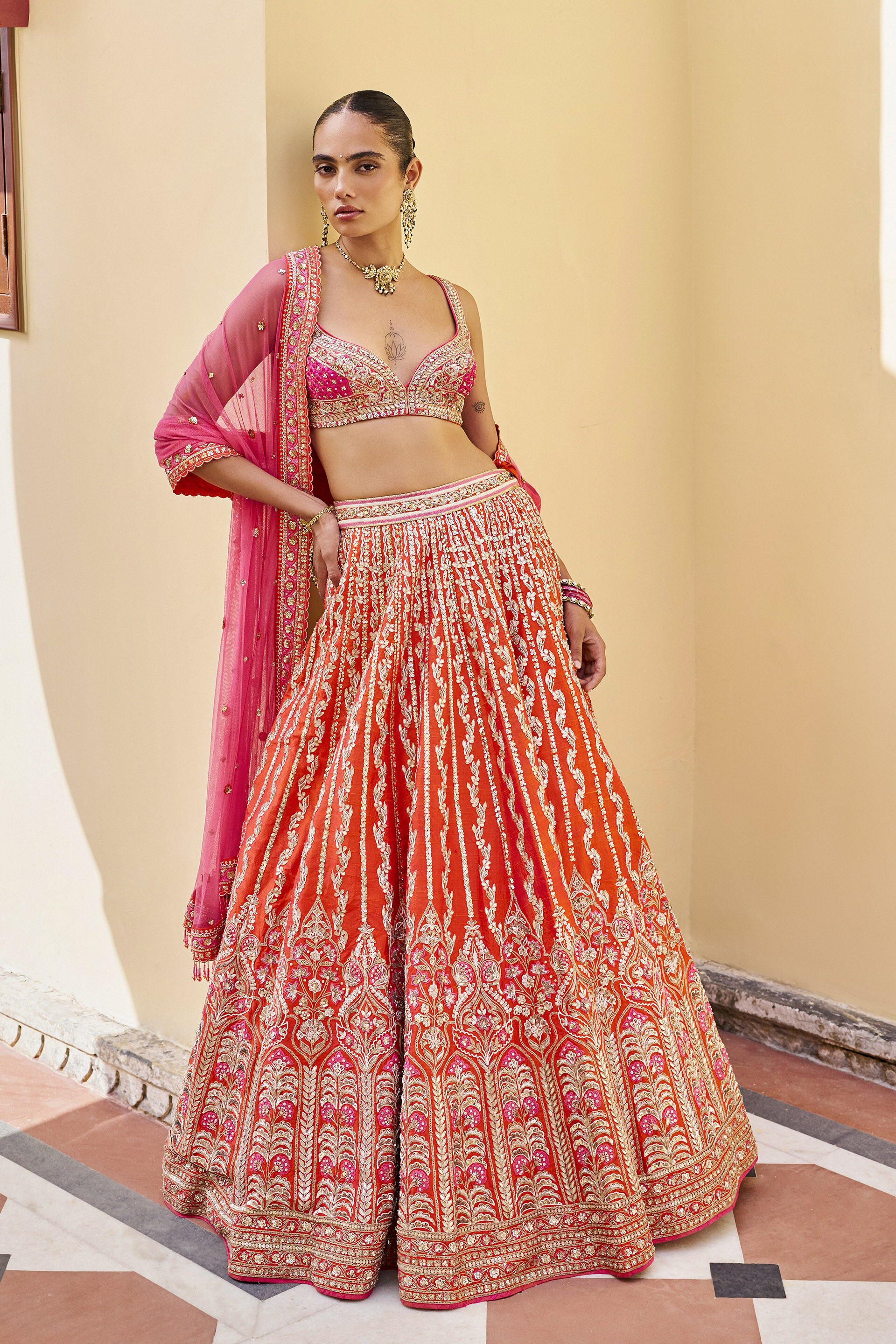Vow Embroidered Zardozi Silk Lehenga Set - ​Orange, Orange, image 1