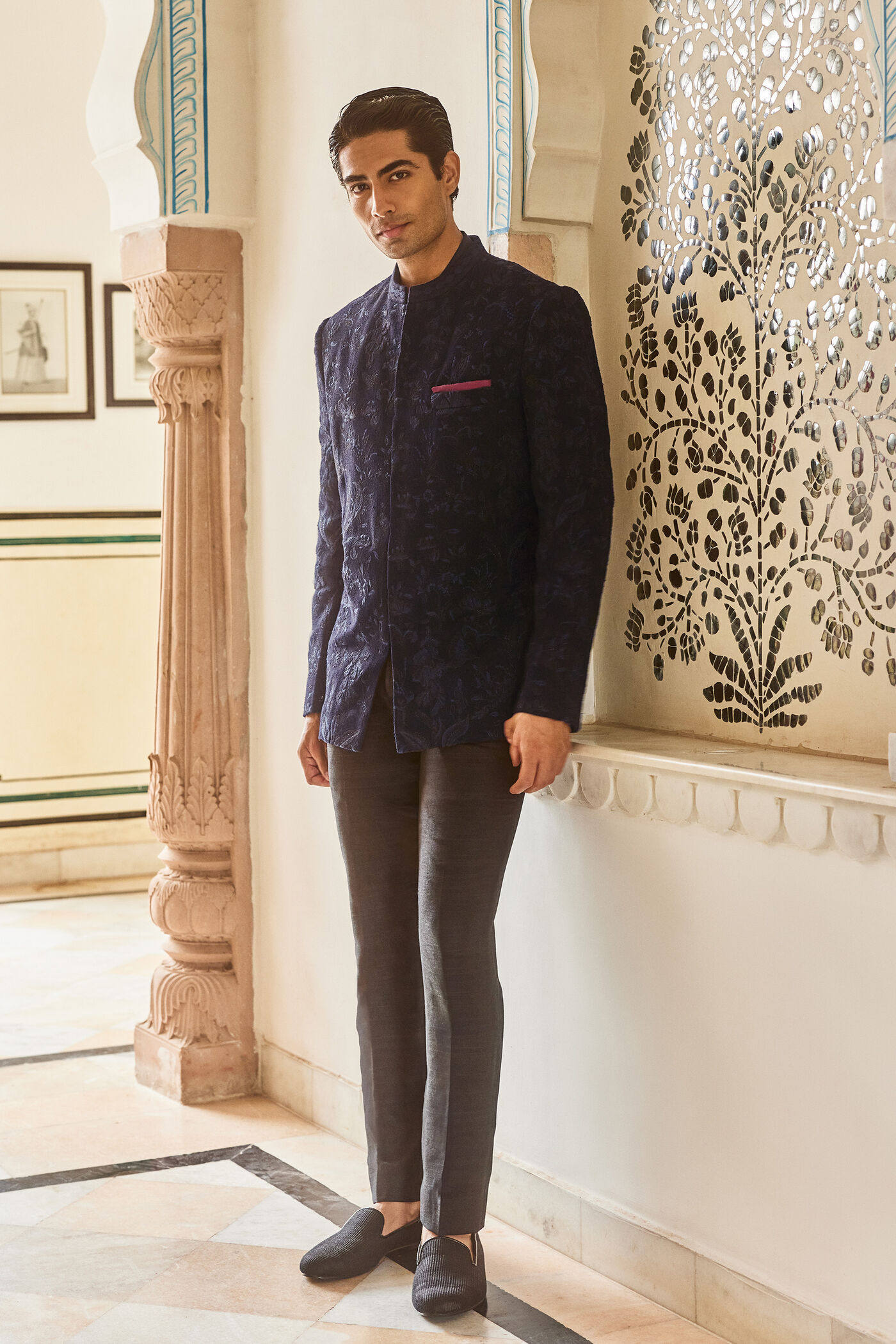 Nishay Embroidered Silk Bandhgala - Navy