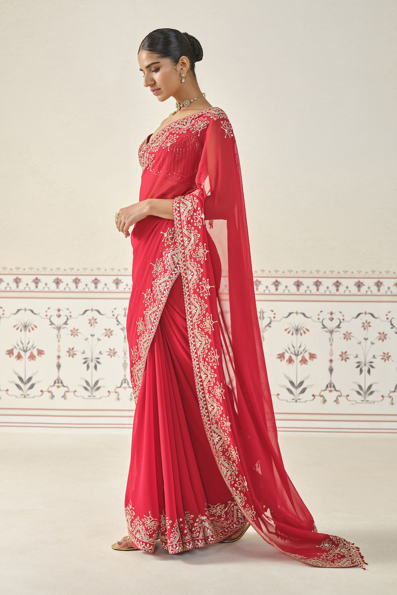 Shyena Gota Patti Georgette Saree - Red, Red, image 3