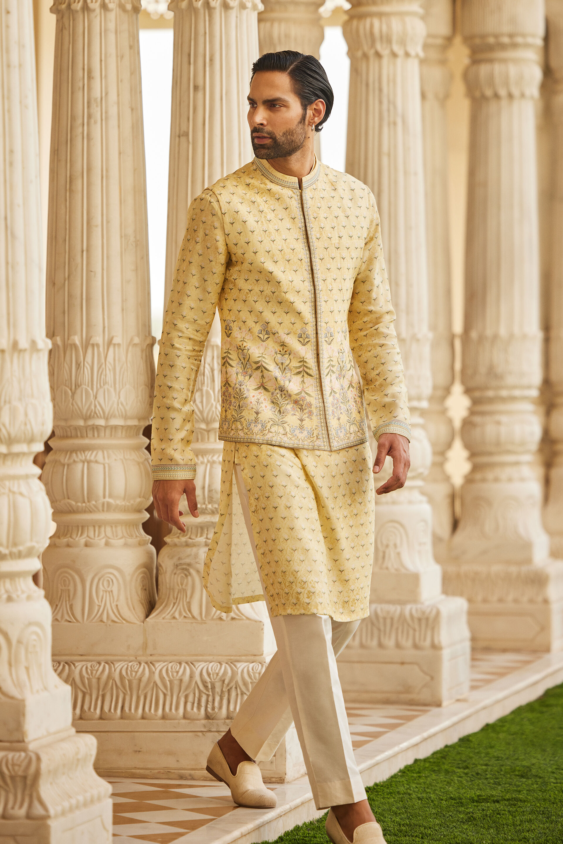 Bourag Silk Nehru Jacket - Yellow