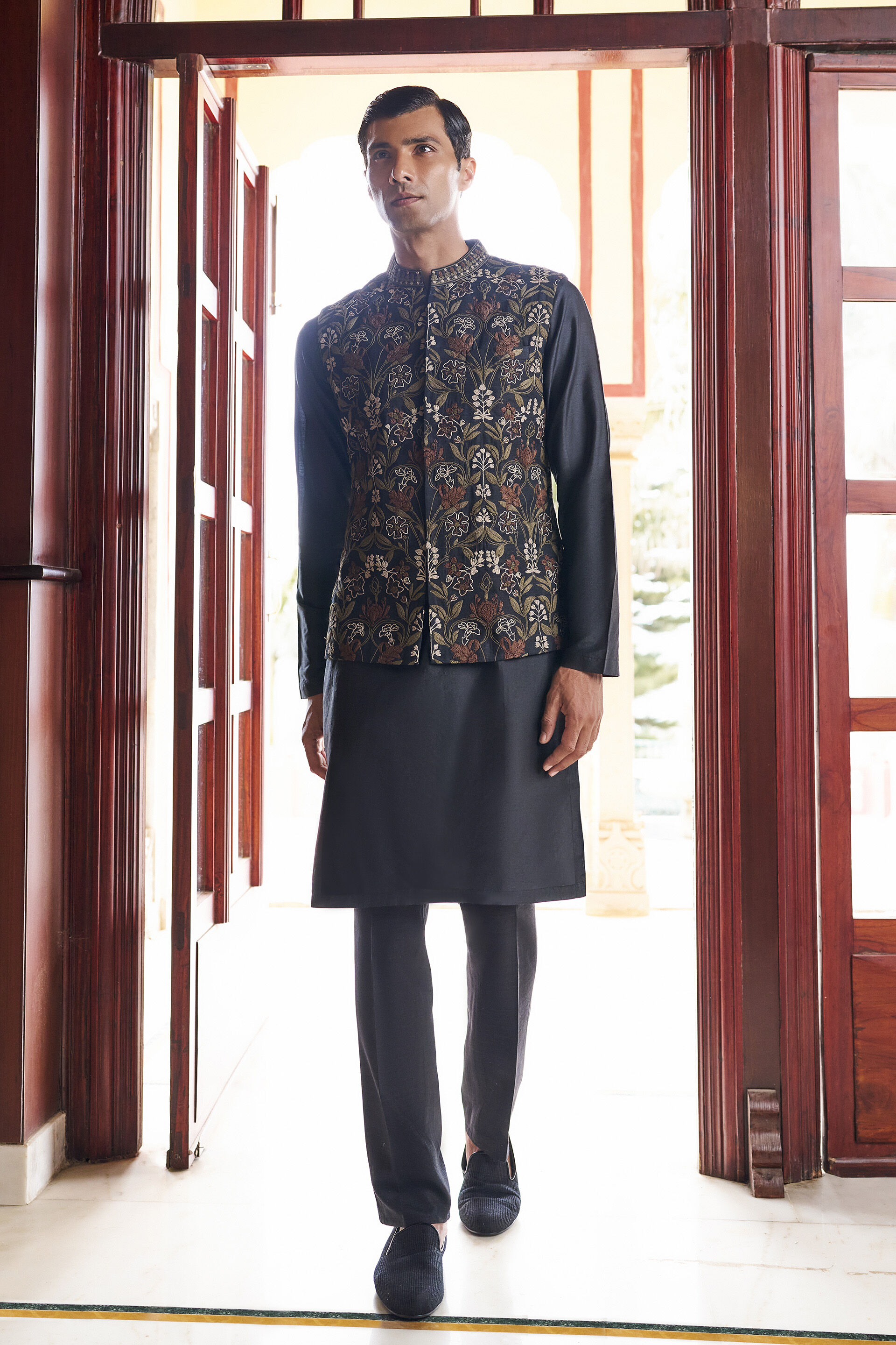 Lush Embroidered Cord Silk Nehru Jacket - Black