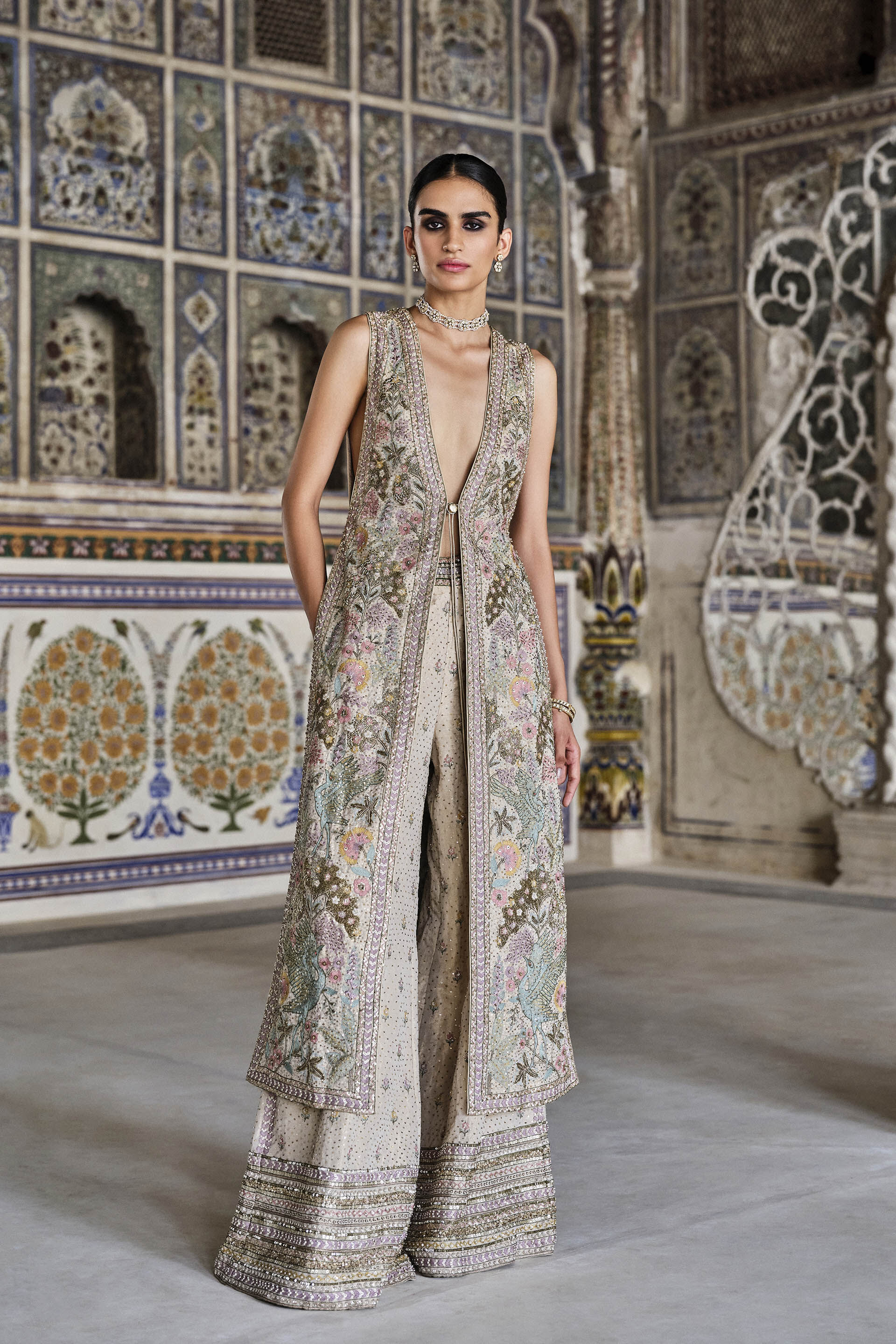 Buy Designer Suramya Embroidered Silk Tabard Set – Gold Online