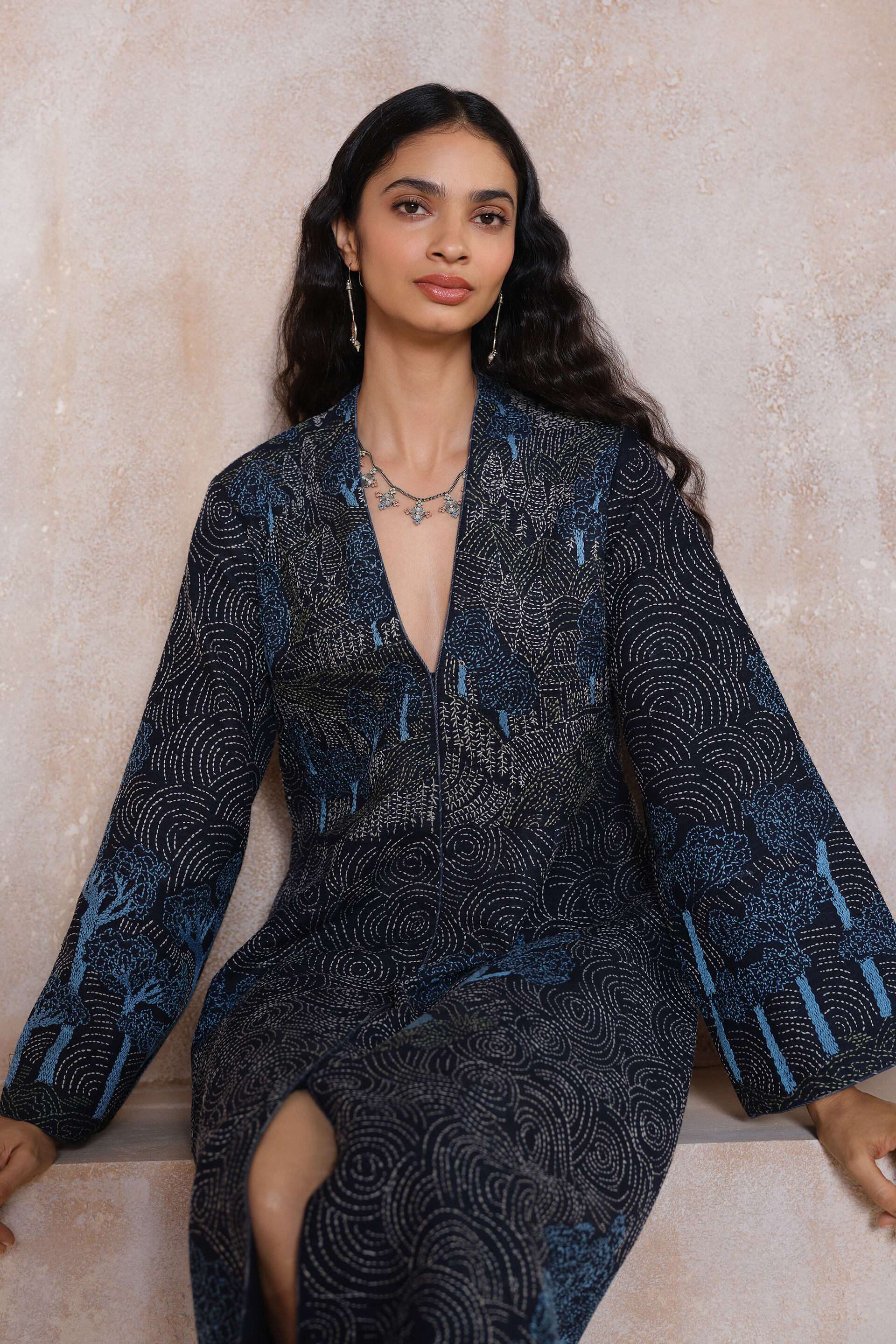Alvard Hand-embroidered Kantha Silk Dress - Navy, Navy, image 5