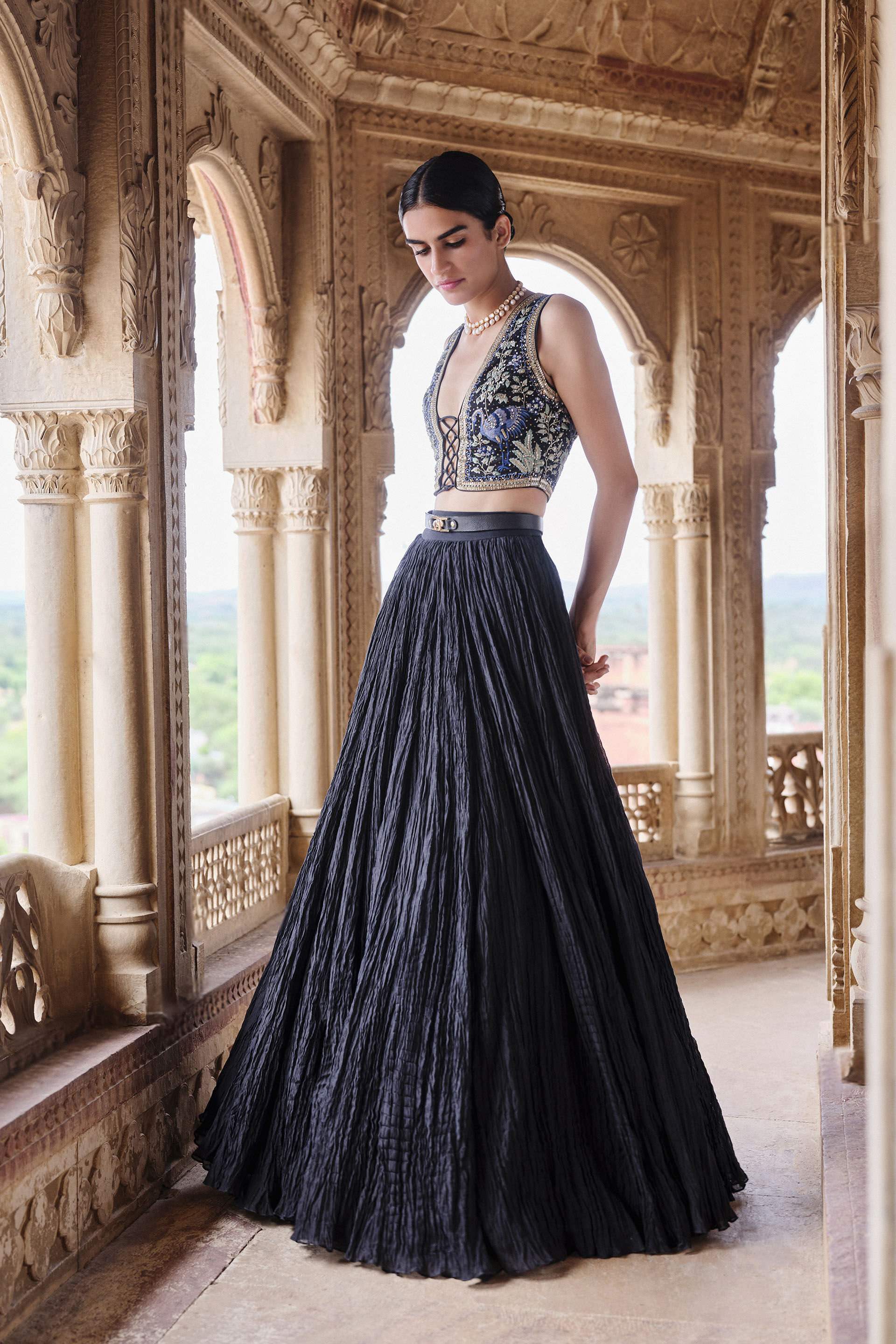 Shirina Embroidered Mul Skirt Set - Black