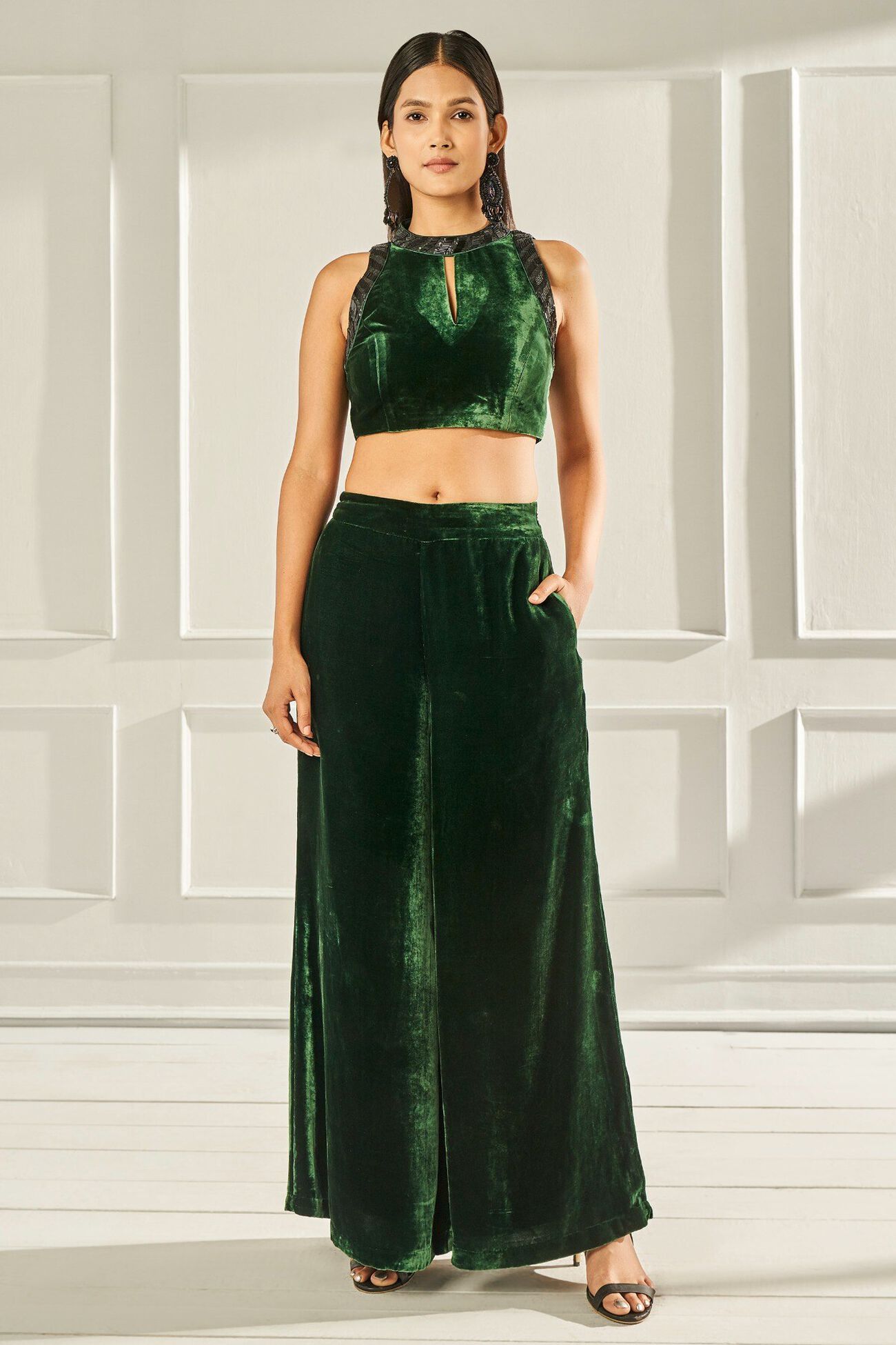 1 - Midnight Toast - Green Crop Top & Trousers Set, image 1