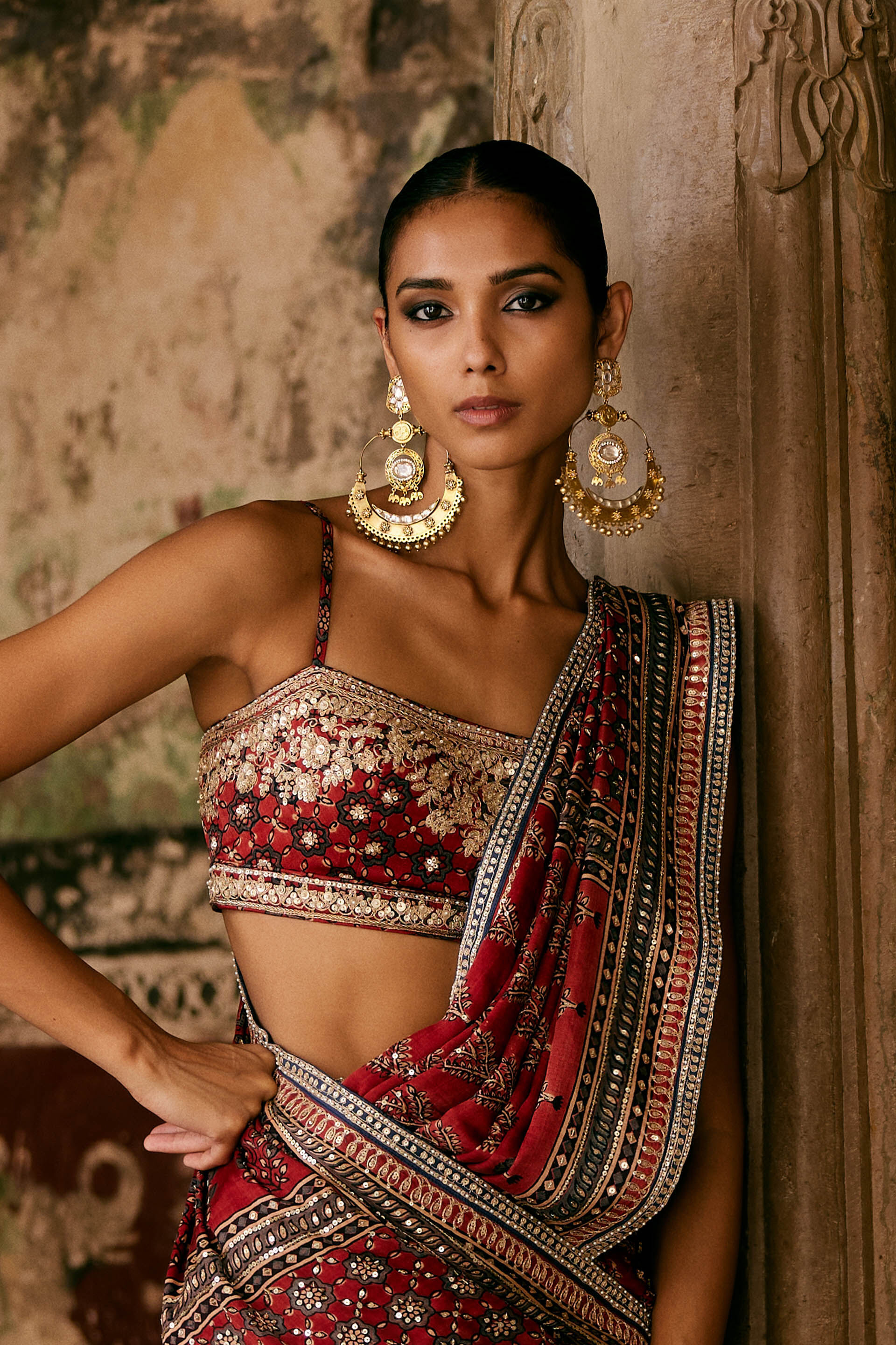 Saaj Ajrakh Hand-block Printed Silk Choli - Red, Red, image 4