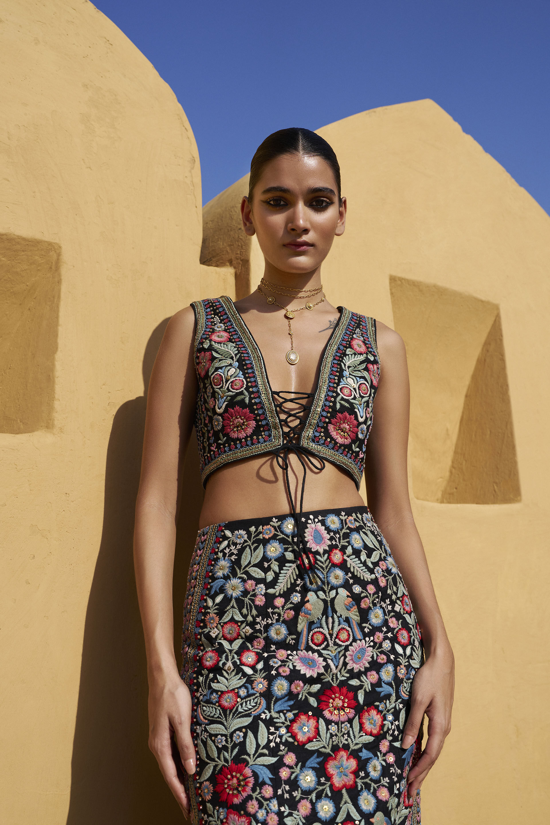 Floral Ballad Embroidered Silk Skirt Set - Black, Black, image 3