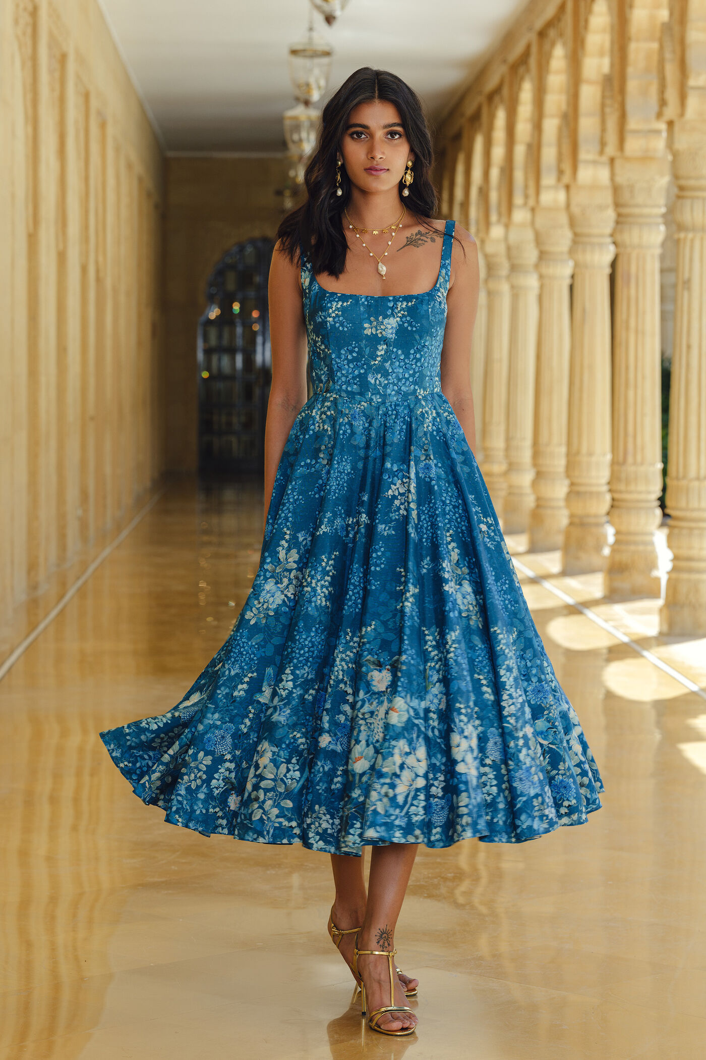 designer dress blue Sky Blue Designer Sequin Gown with Cape Sleeves - Sparkly Maxi Dress with V-Neckline