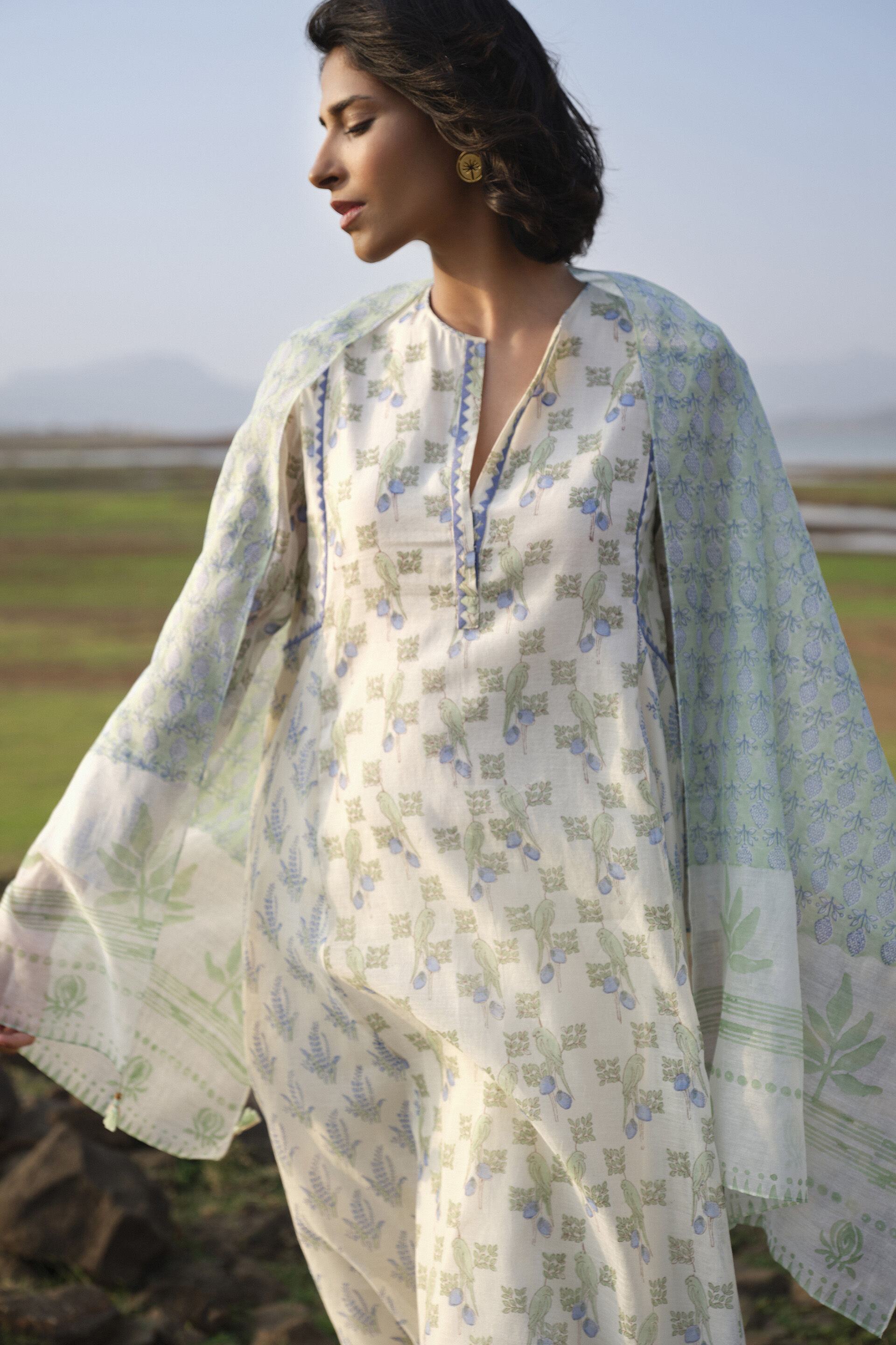 Damara Hand-block Printed Mul Stole - Sage