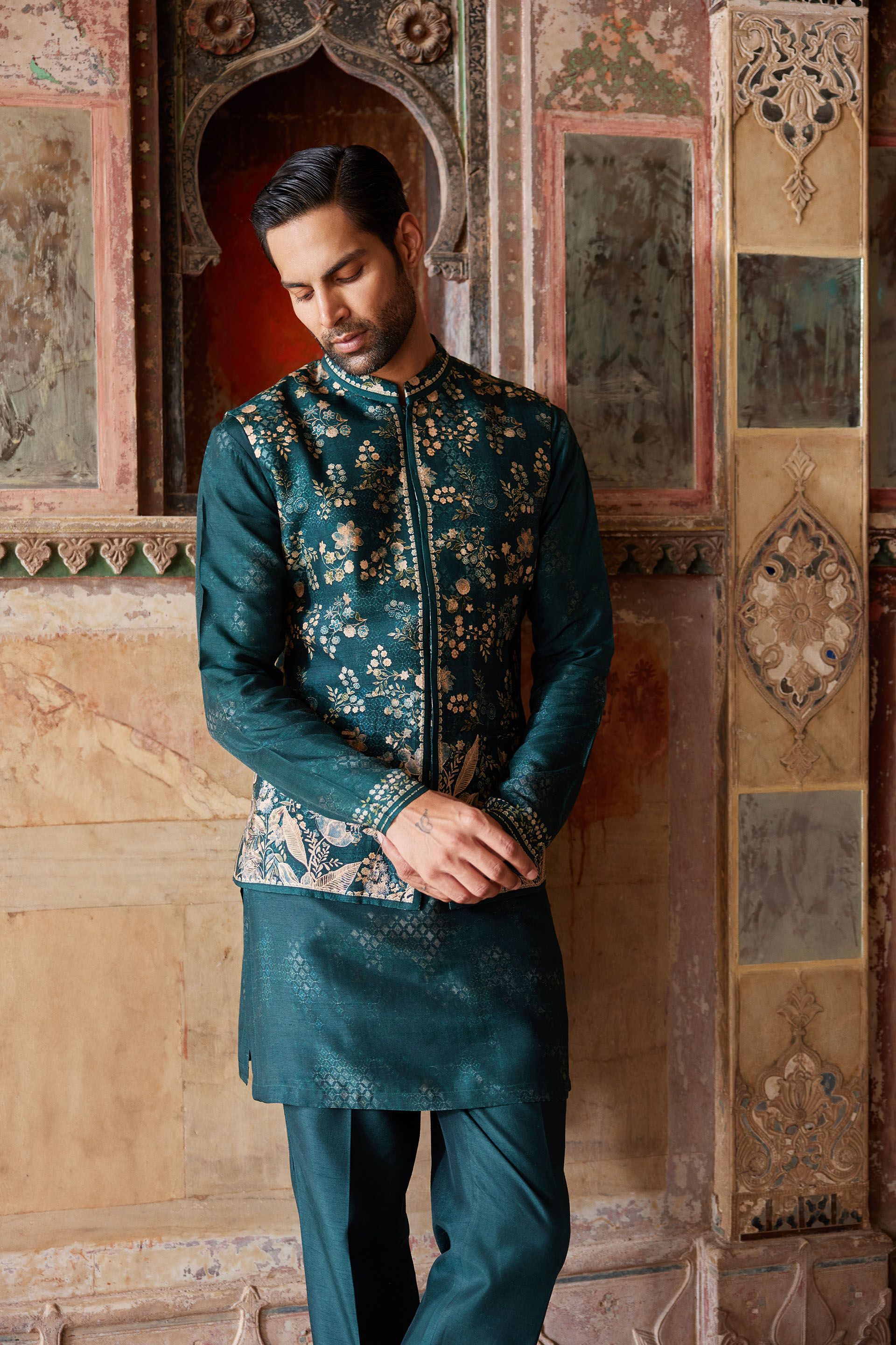 Hirav Printed Silk Nehru Jacket - Green, Green, image 4