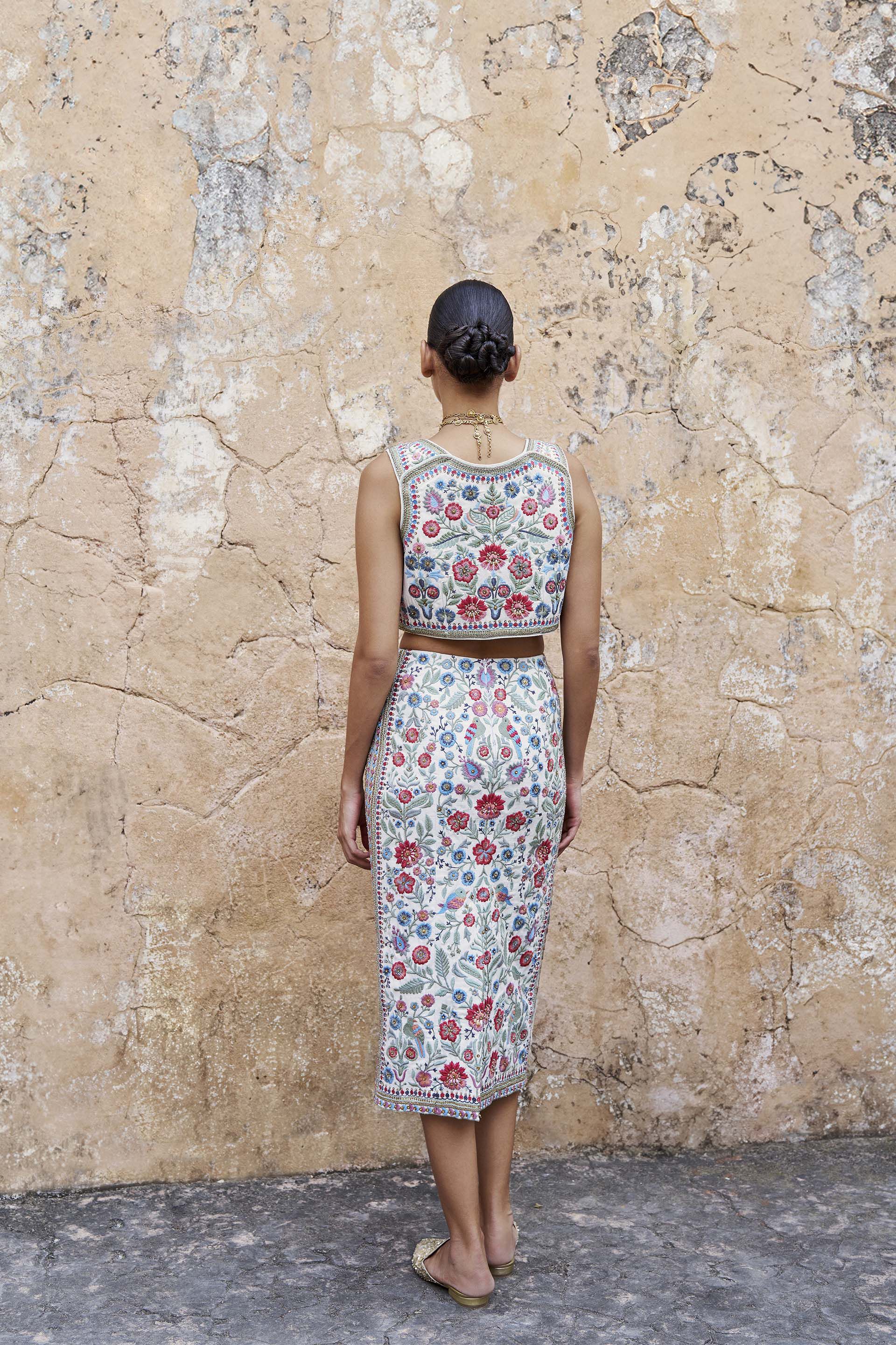 Galaxy Of Flowers Embroidered Silk Skirt Set - Cream