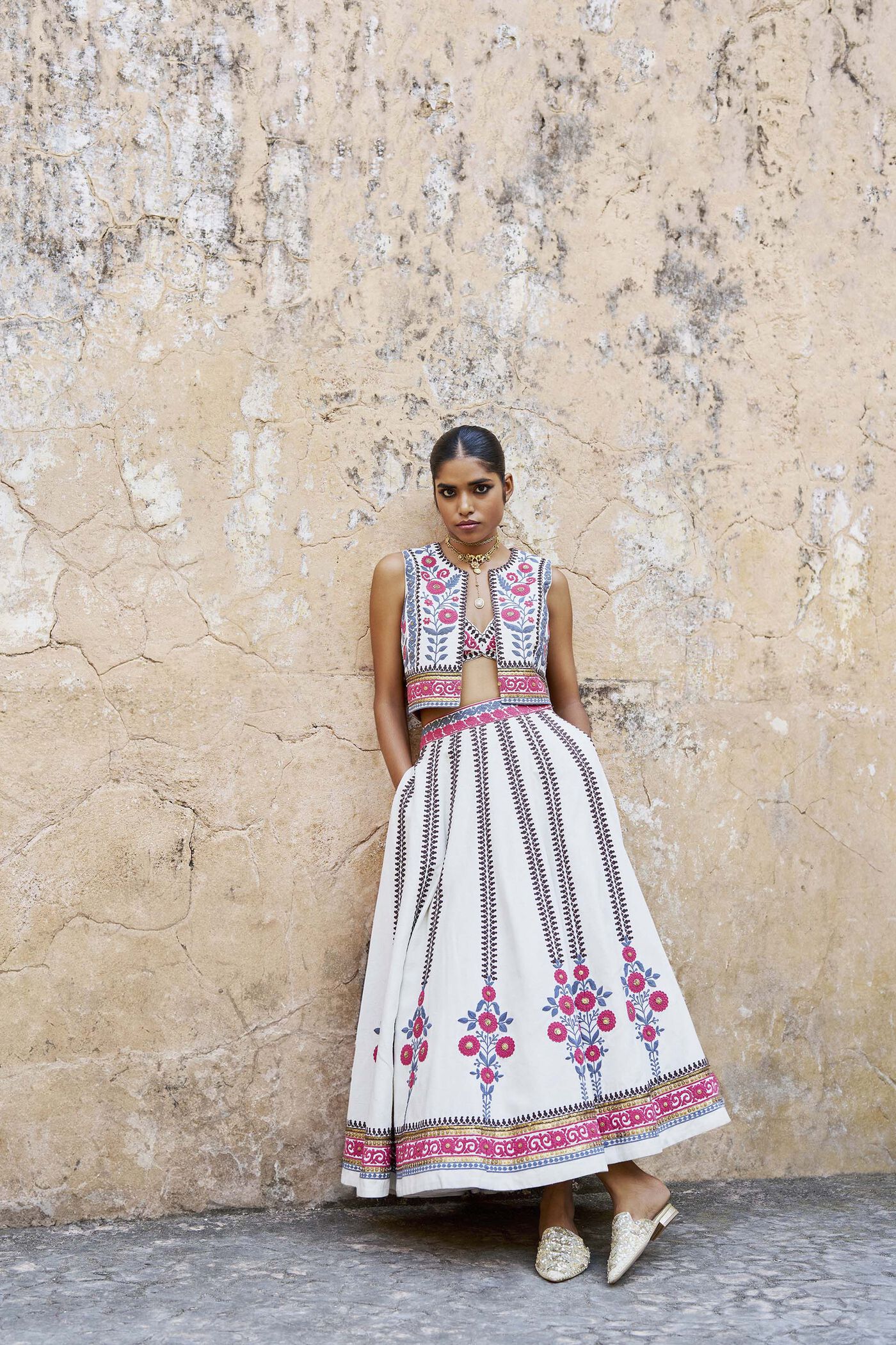 Flowers Of the Forest Embroidered Cord Silk Skirt Set - Cream
