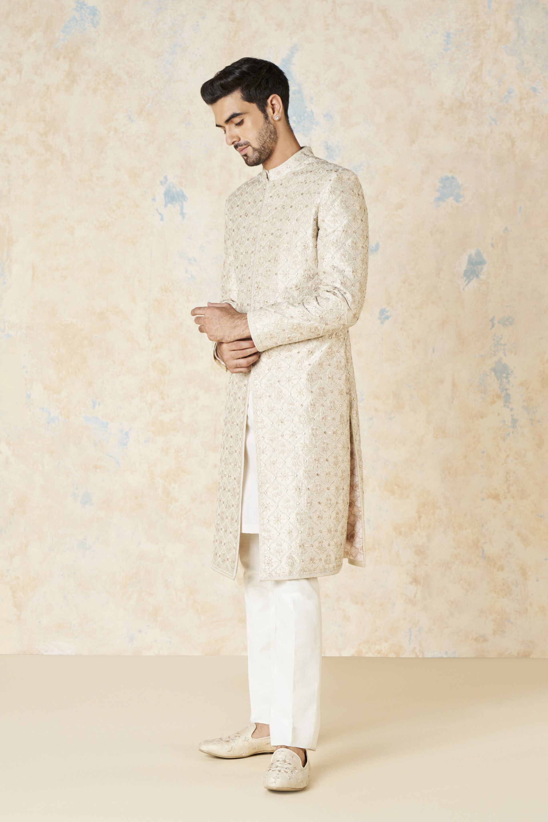 Ainesh Gota Patti &amp; Aari Silk Sherwani - Ivory