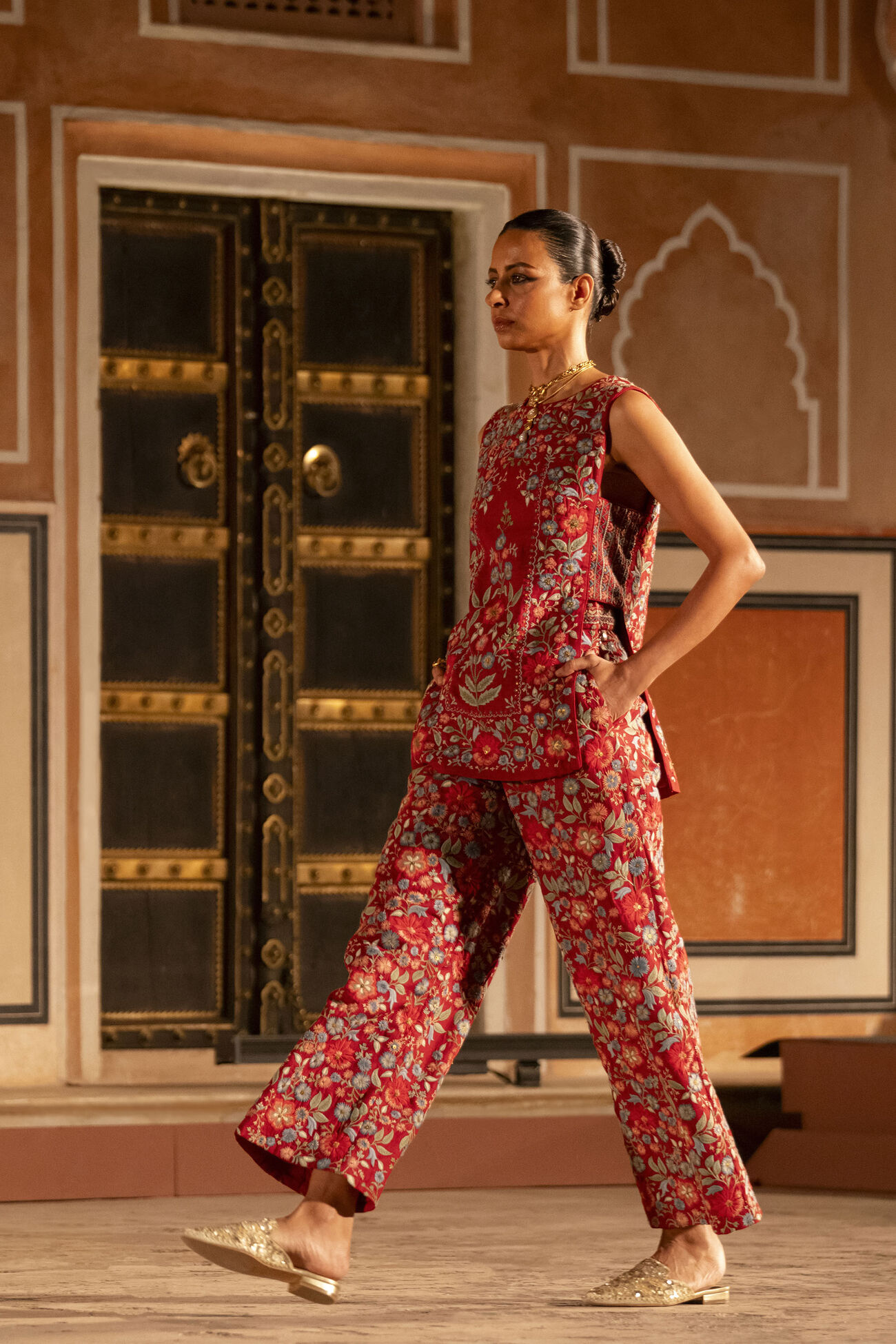 Blooms Of The Wild Embroidered Silk Pant Set - Red, Red, image 5