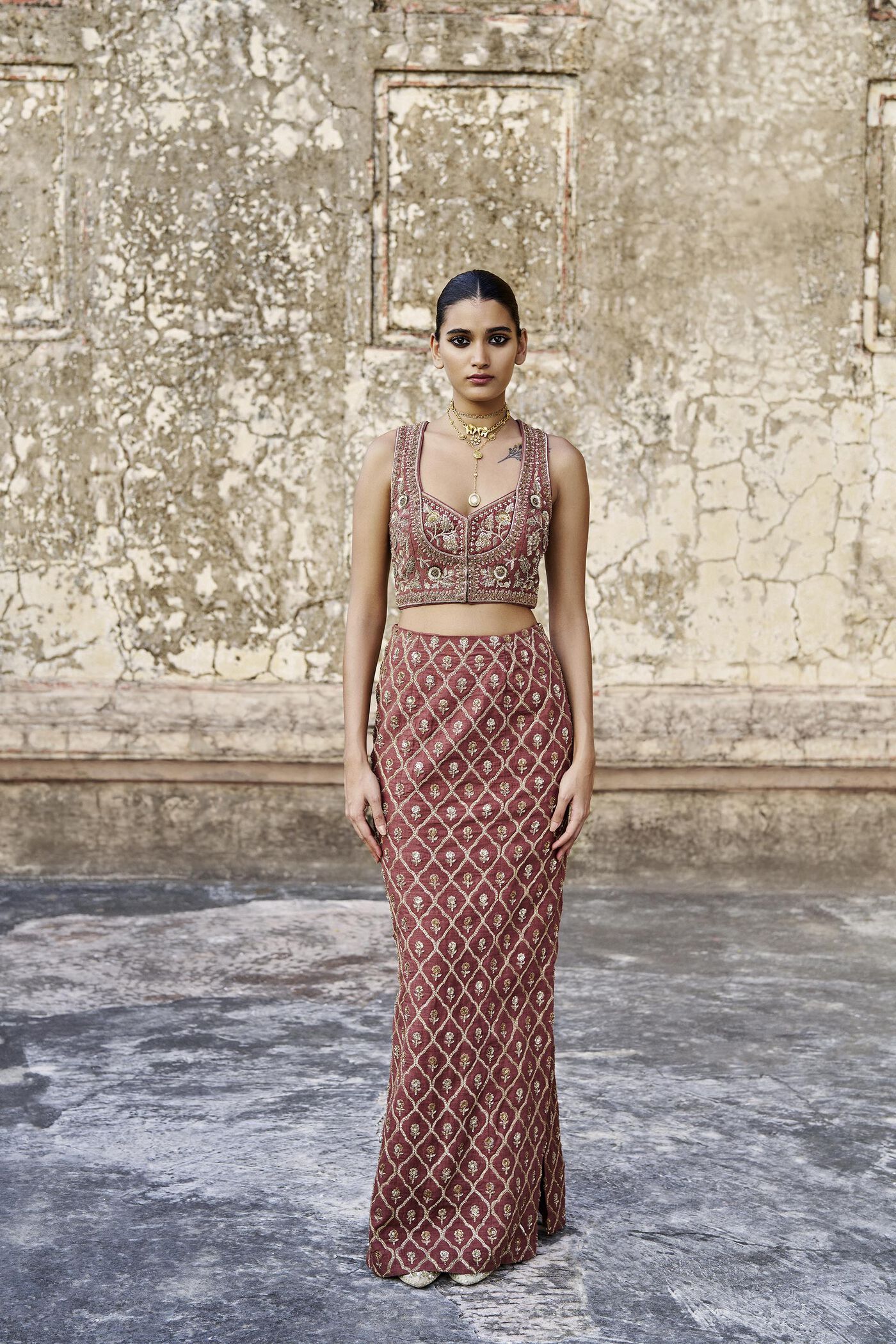 Ballad Of The Woods Embroidered Zardozi Silk Skirt Set - Brown