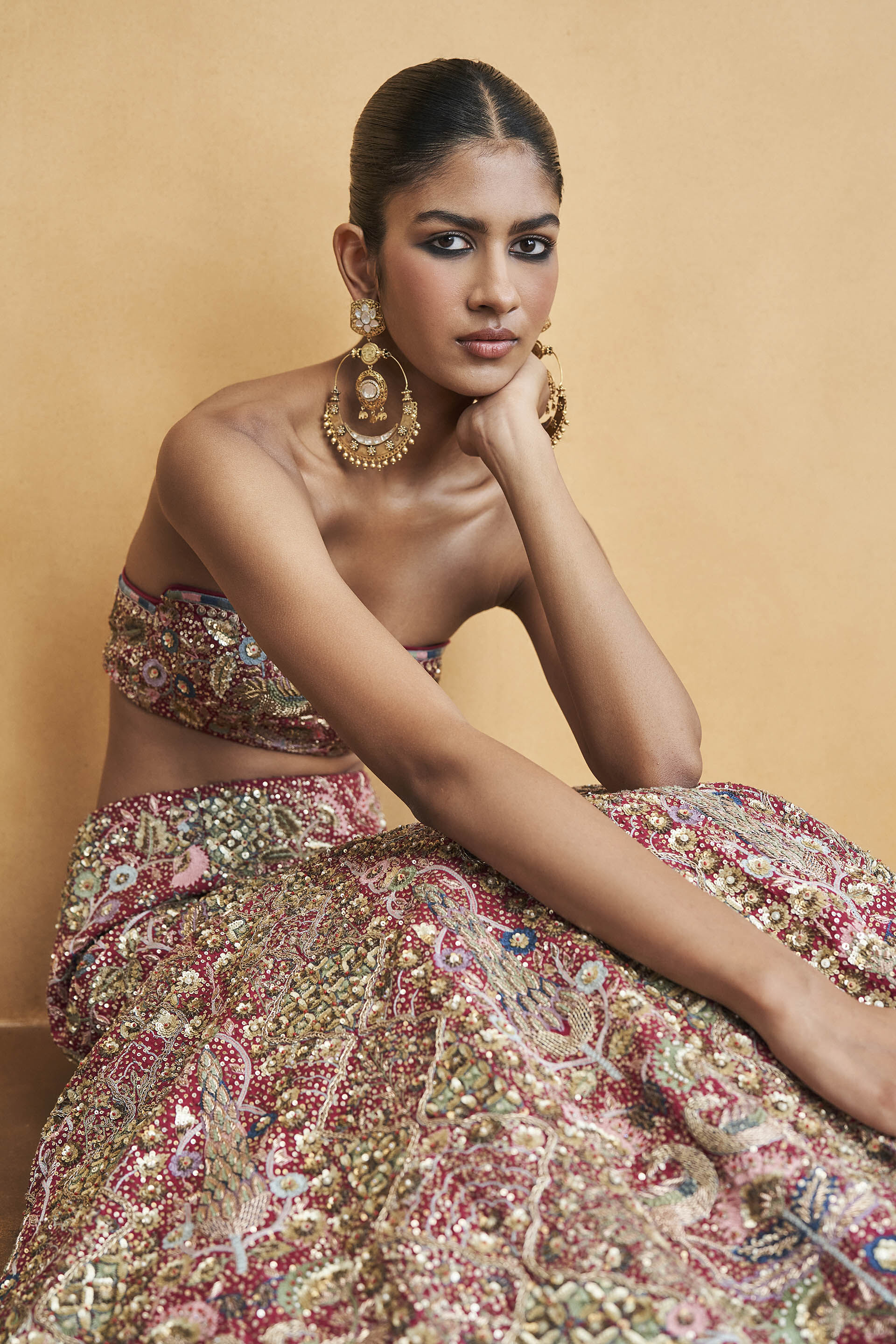 Symphony Of The Wilderness Embroidered Zardozi Silk Fishtail Skirt Set - Wine, Wine, image 4