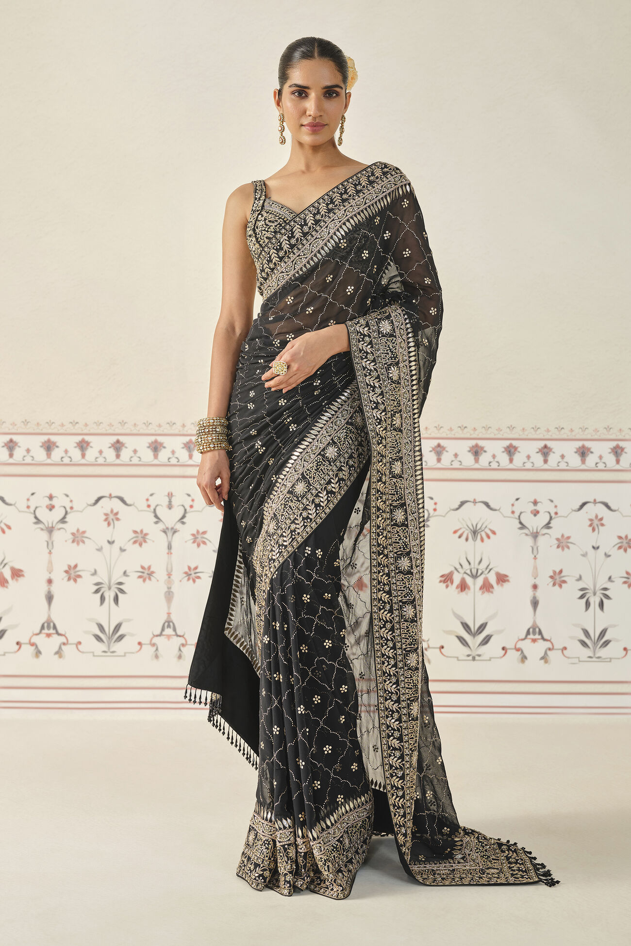 Anushna Handcrafted Badla Georgette Saree, Black, image 1