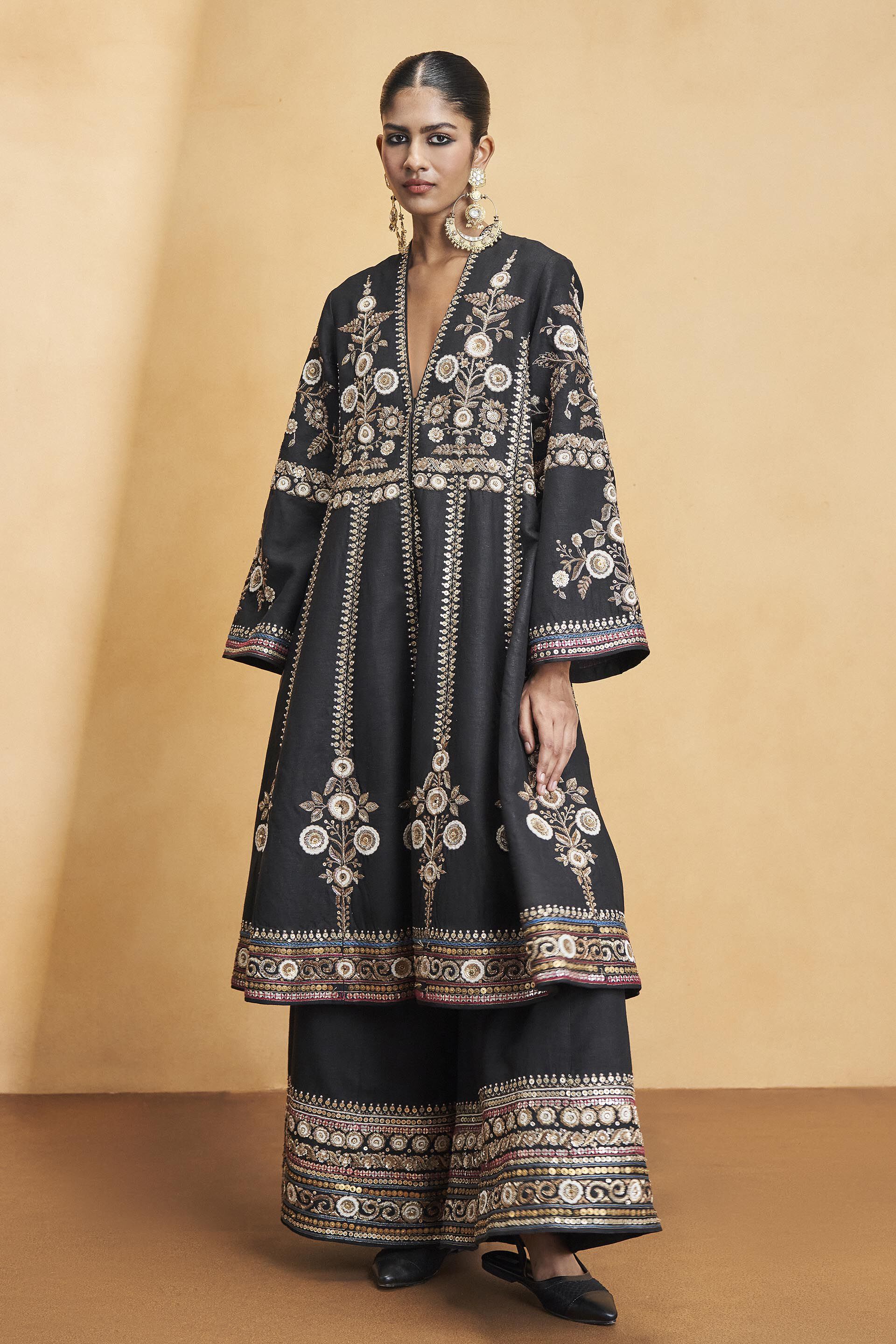 Flowers Of The Forest Embroidered Zardozi Silk Kurta Set - Black, Black, image 1