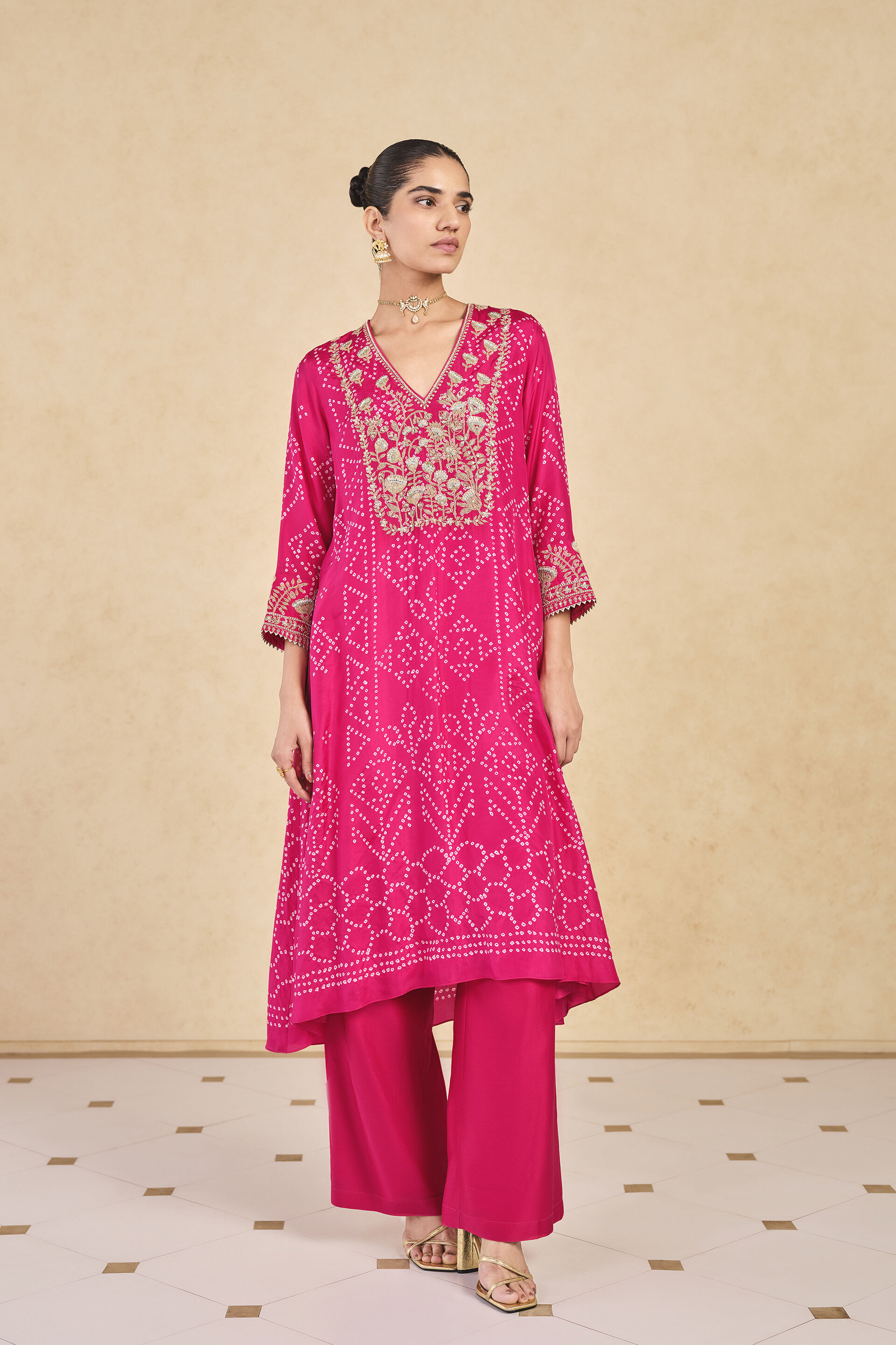 Johona&nbsp;Handcrafted Bandhani Silk Kurta Set - Berry Sorbet