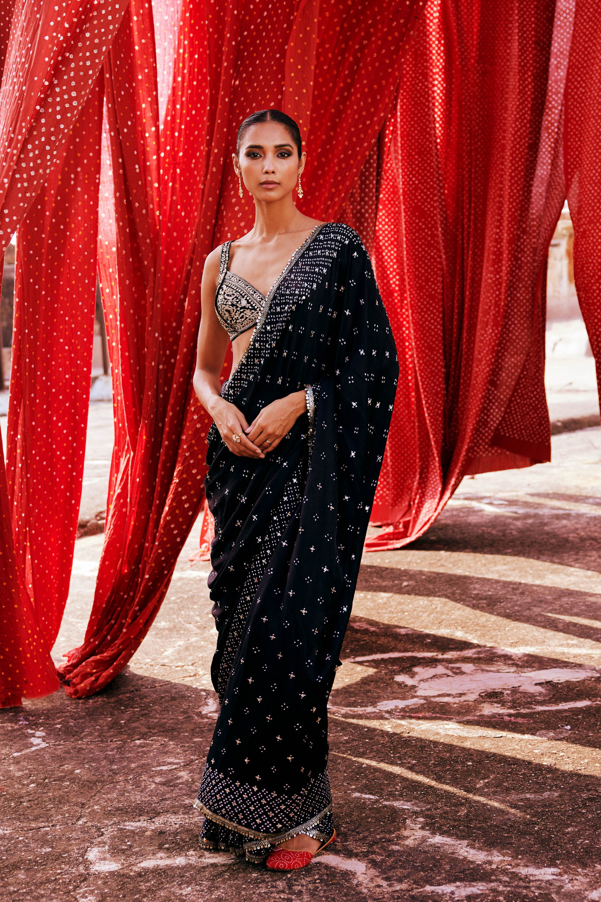Bahi Handcrafted Bandhani Silk Saree Black