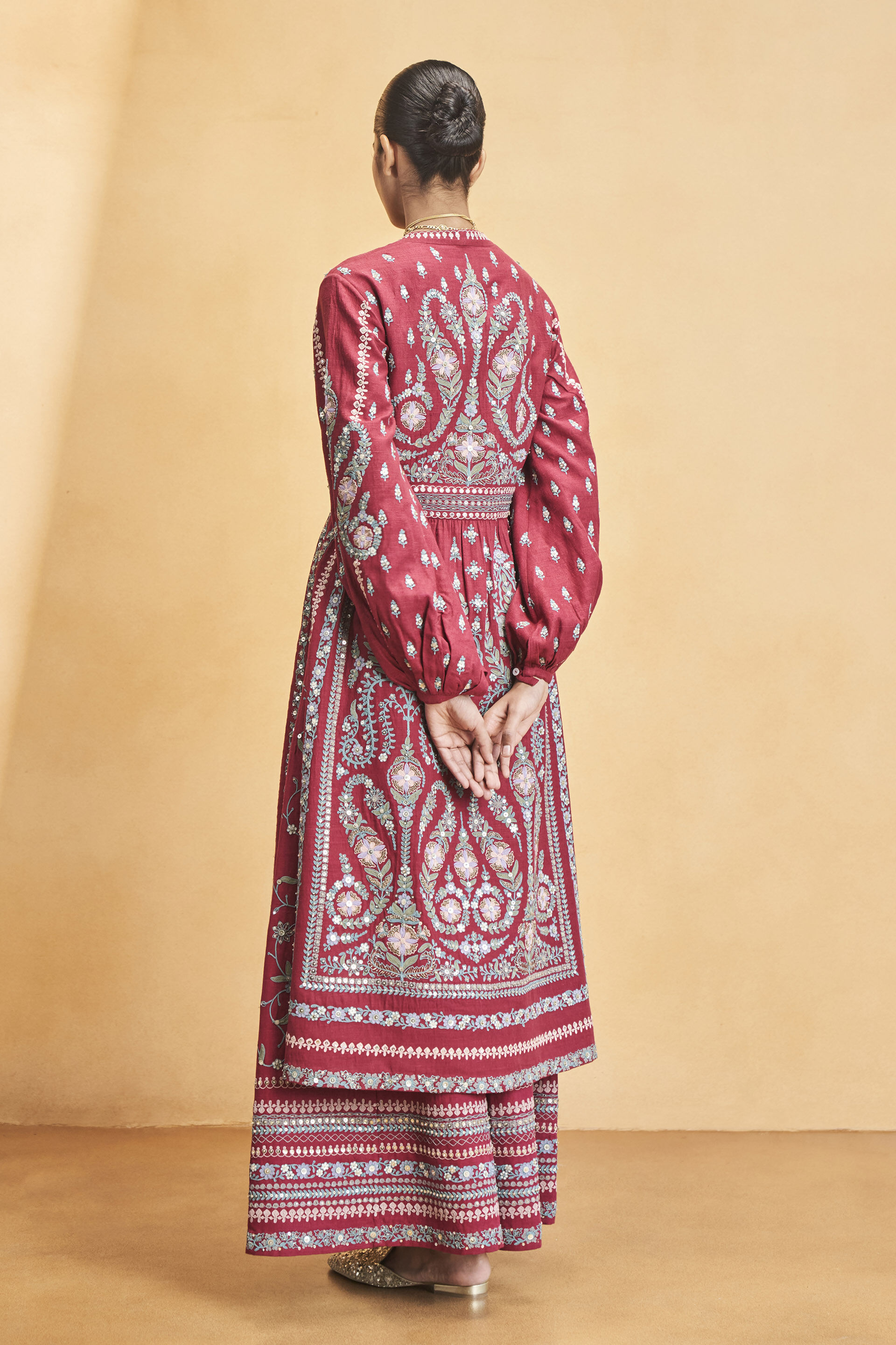 Into The Wilderness Zardozi & Cord Silk Kurta Set - Wine