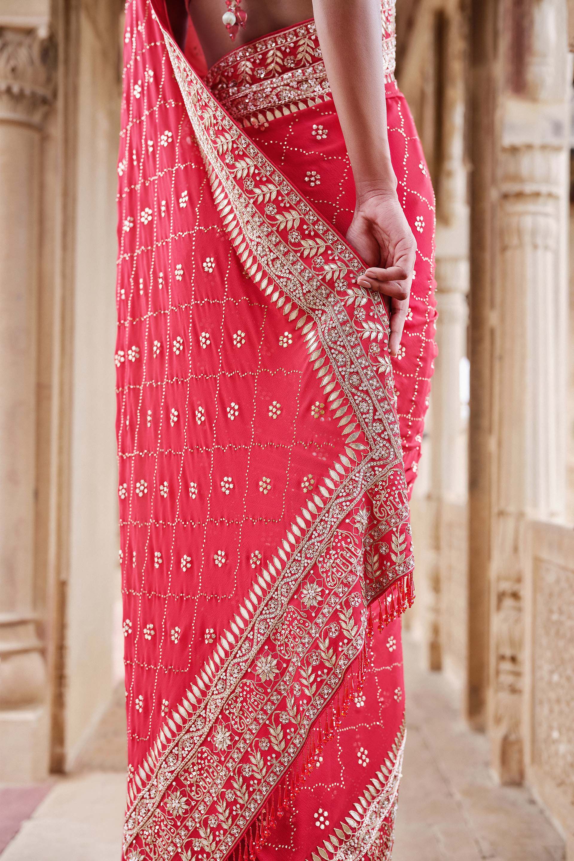 Anushna Handcrafted Badla Georgette Saree, Red, image 3
