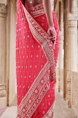 Anushna Handcrafted Badla Georgette Saree, Red, image 3