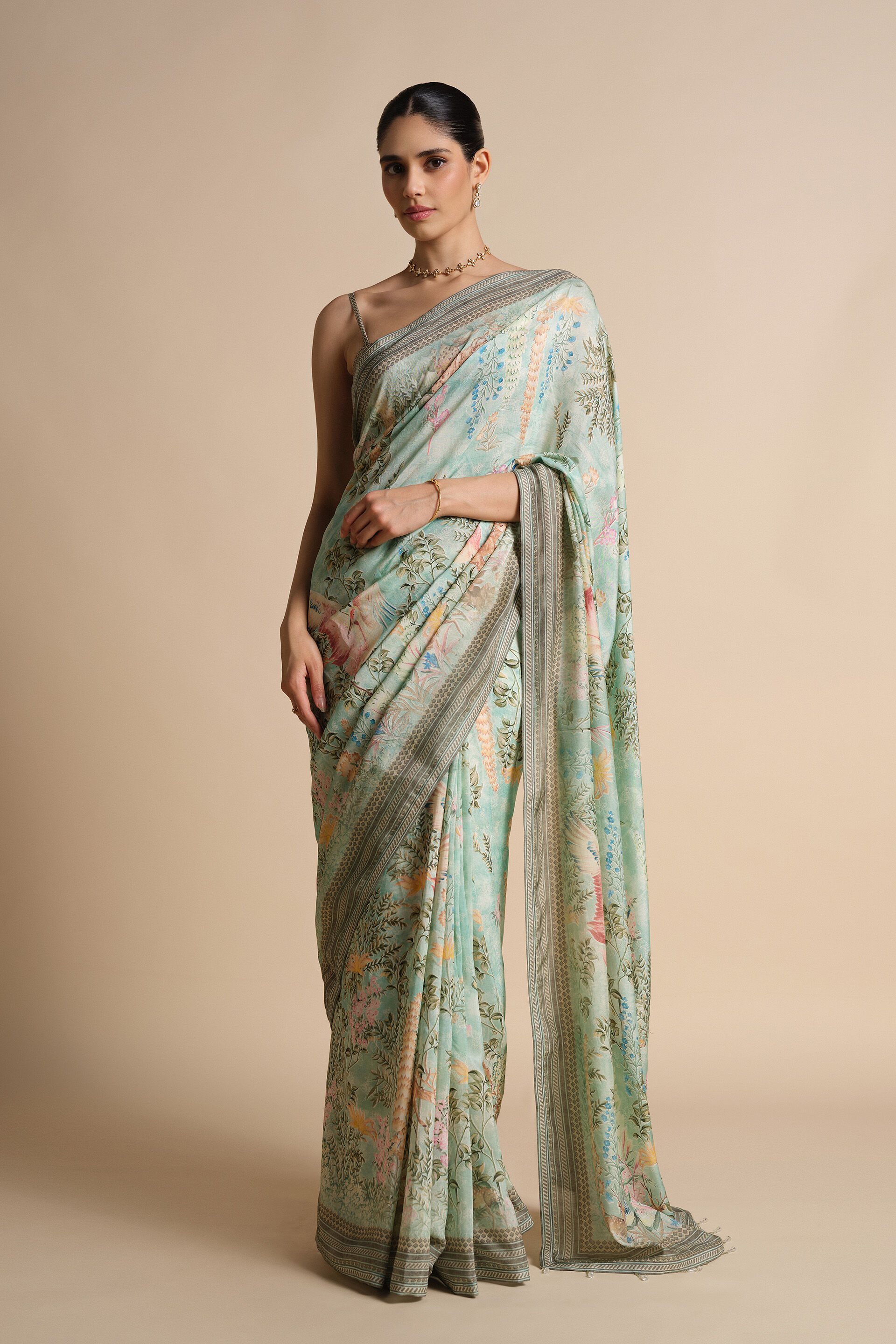 Romney Printed Saree - Sage
