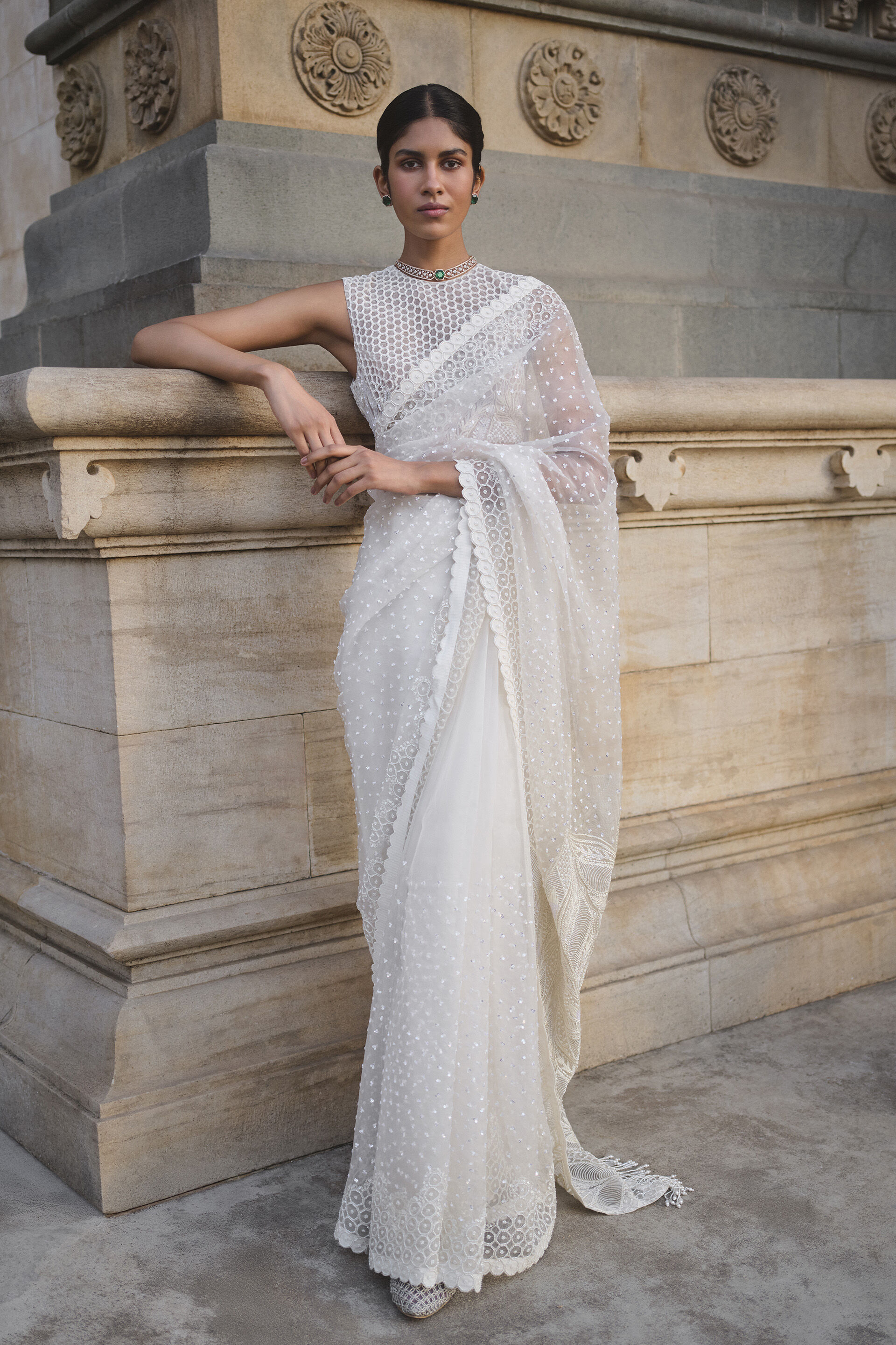 Nomeda Embroidered Silk Saree - Ivory, Ivory, image 4