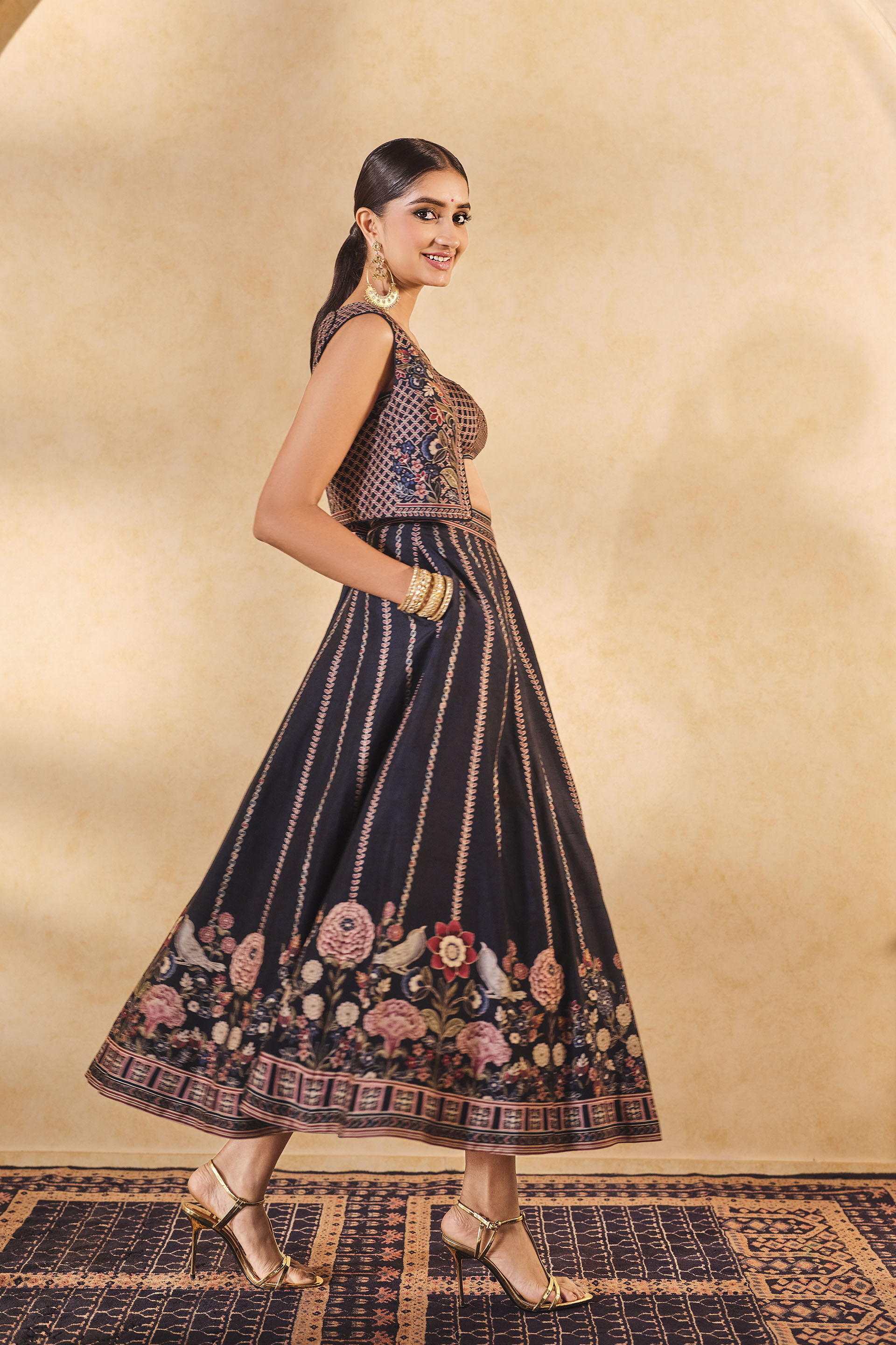 Moonlight Bloom Printed Silk Skirt Set - Blue, Blue, image 3