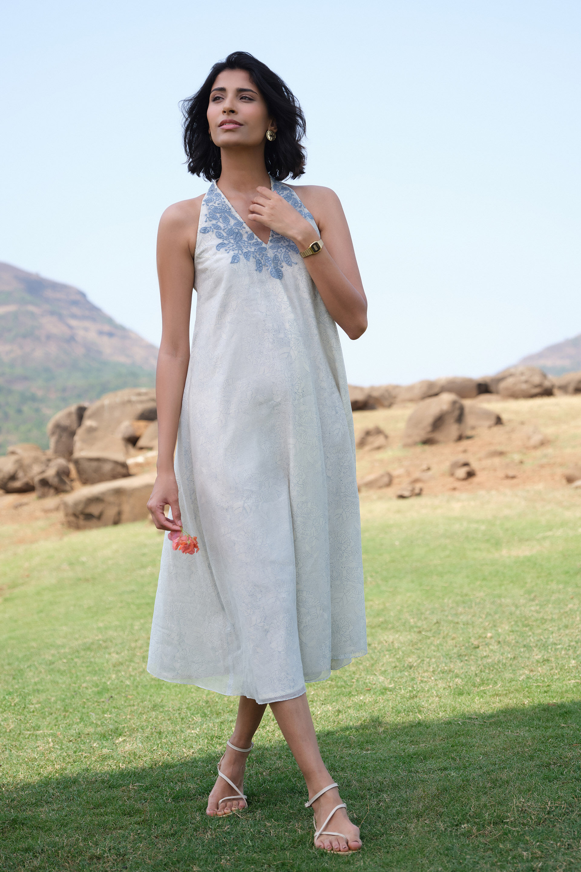 Aves Hand-block Printed Mul Dress - Blue