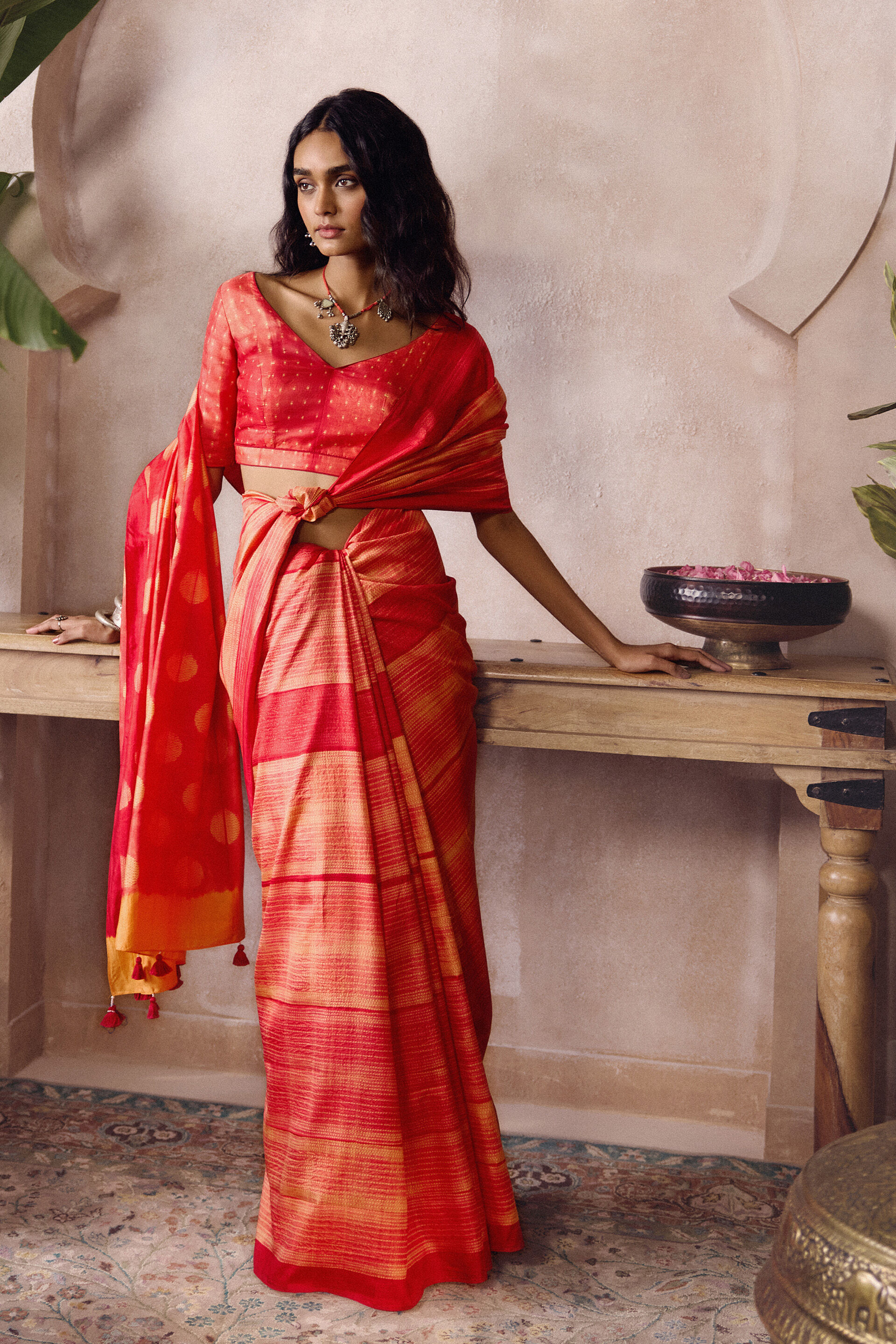 Corsen Handcrafted Shibori Silk Saree - Orange, Orange, image 3