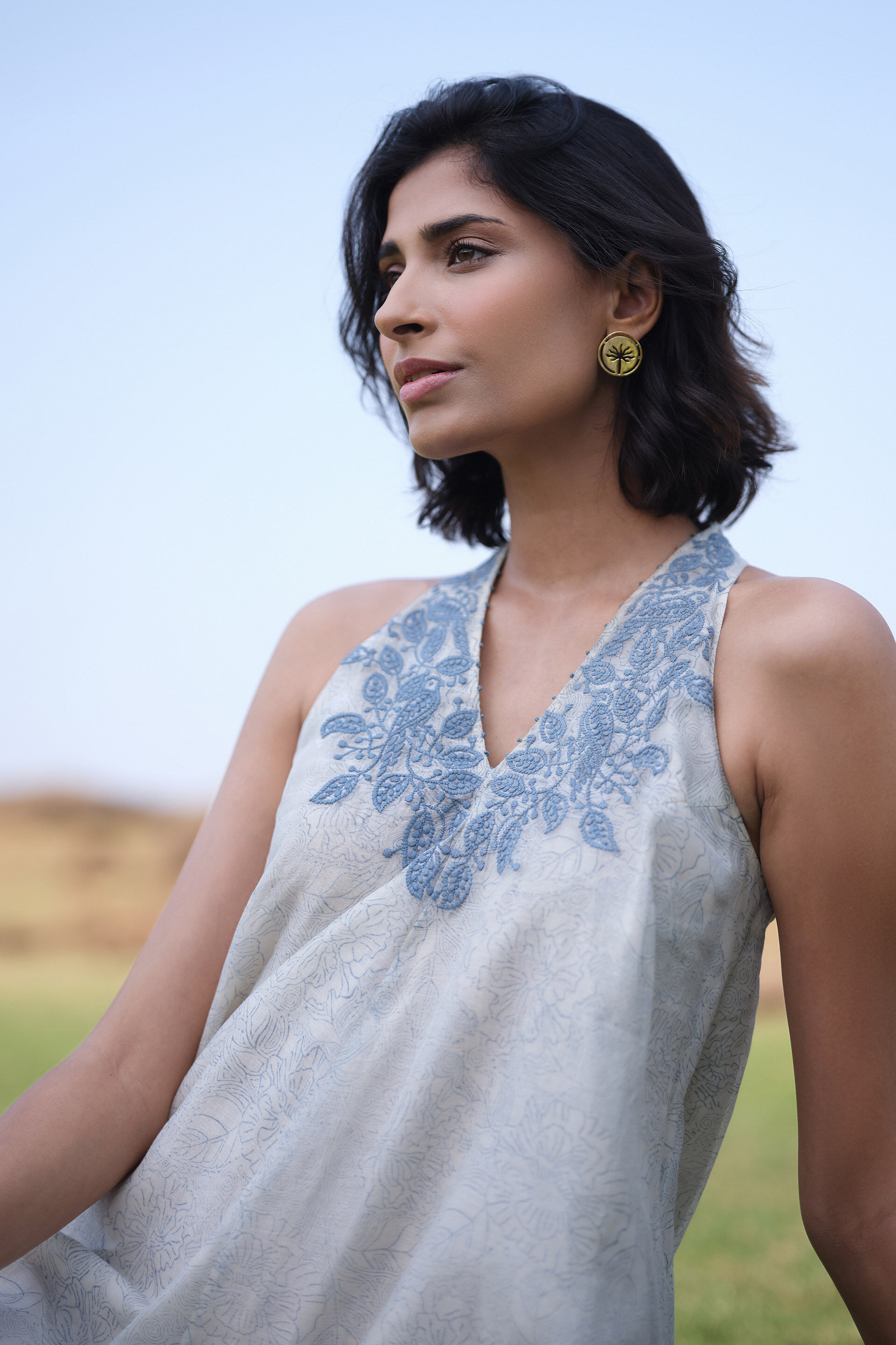 Aves Hand-block Printed Mul Dress - Blue, White, image 6