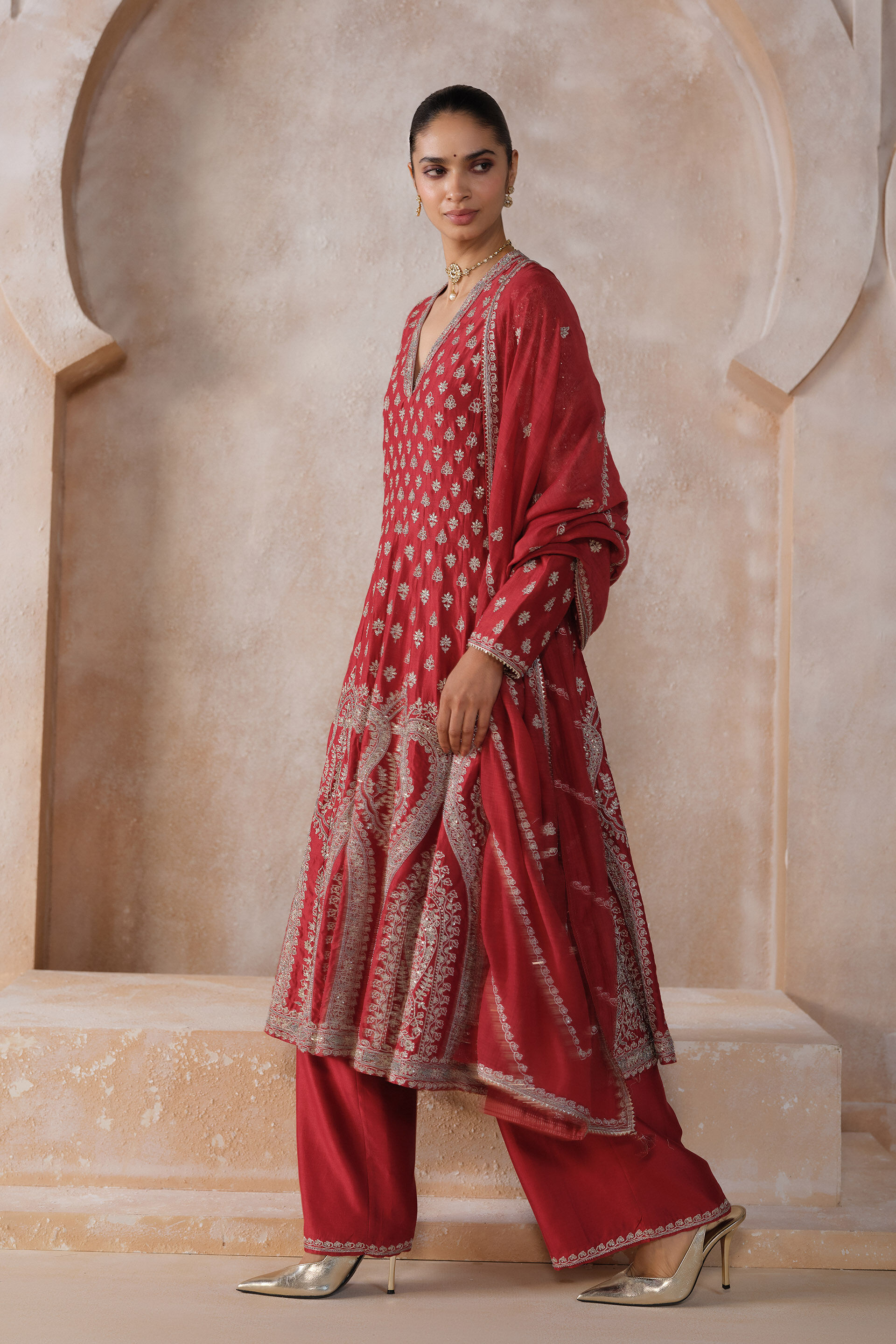 Rishima Embroidered Silk Suit Set - Red, Red, image 3