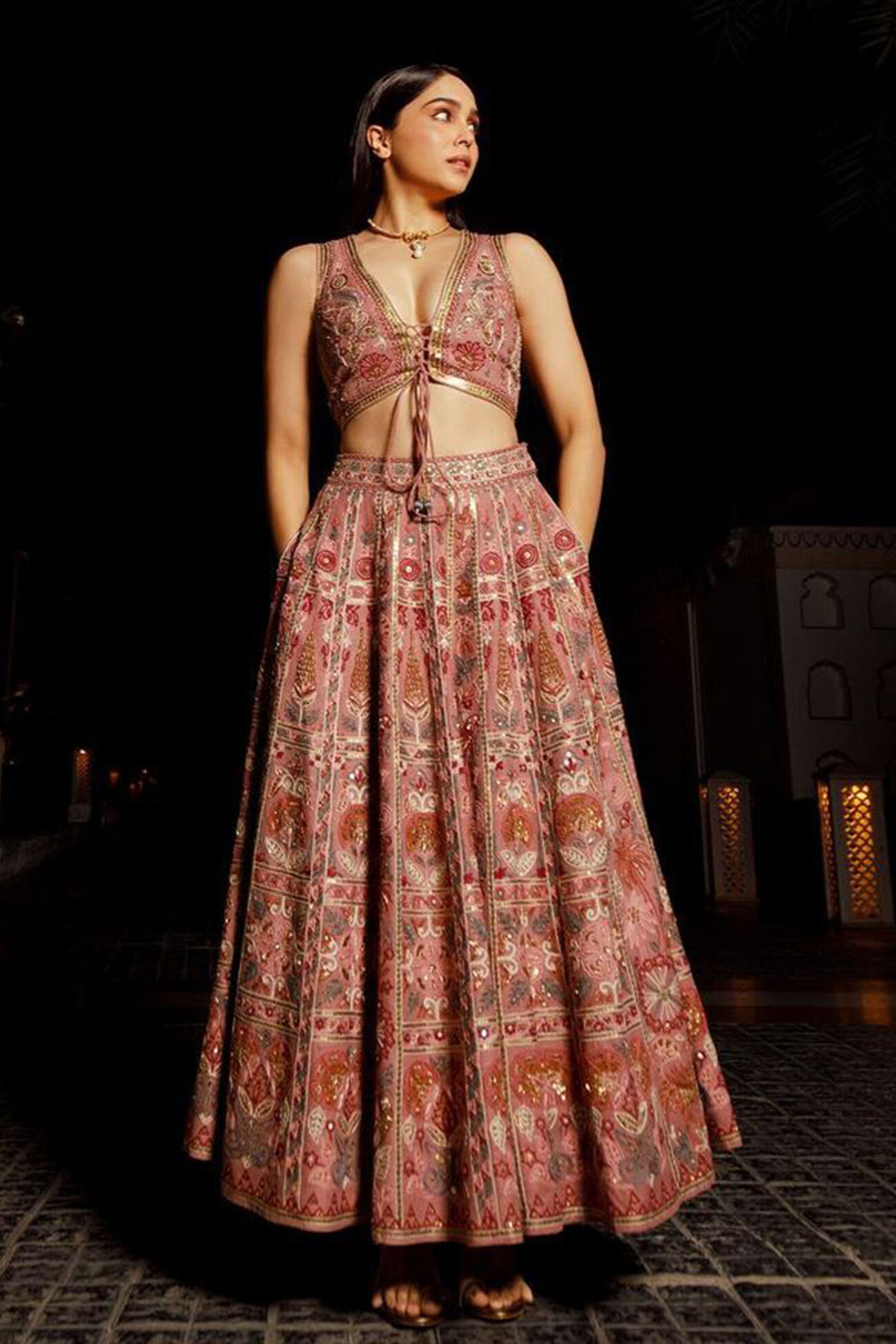 Ballad Of The Wild SEWA Hand-embroidered Silk Skirt Set - Old Rose, , image 1