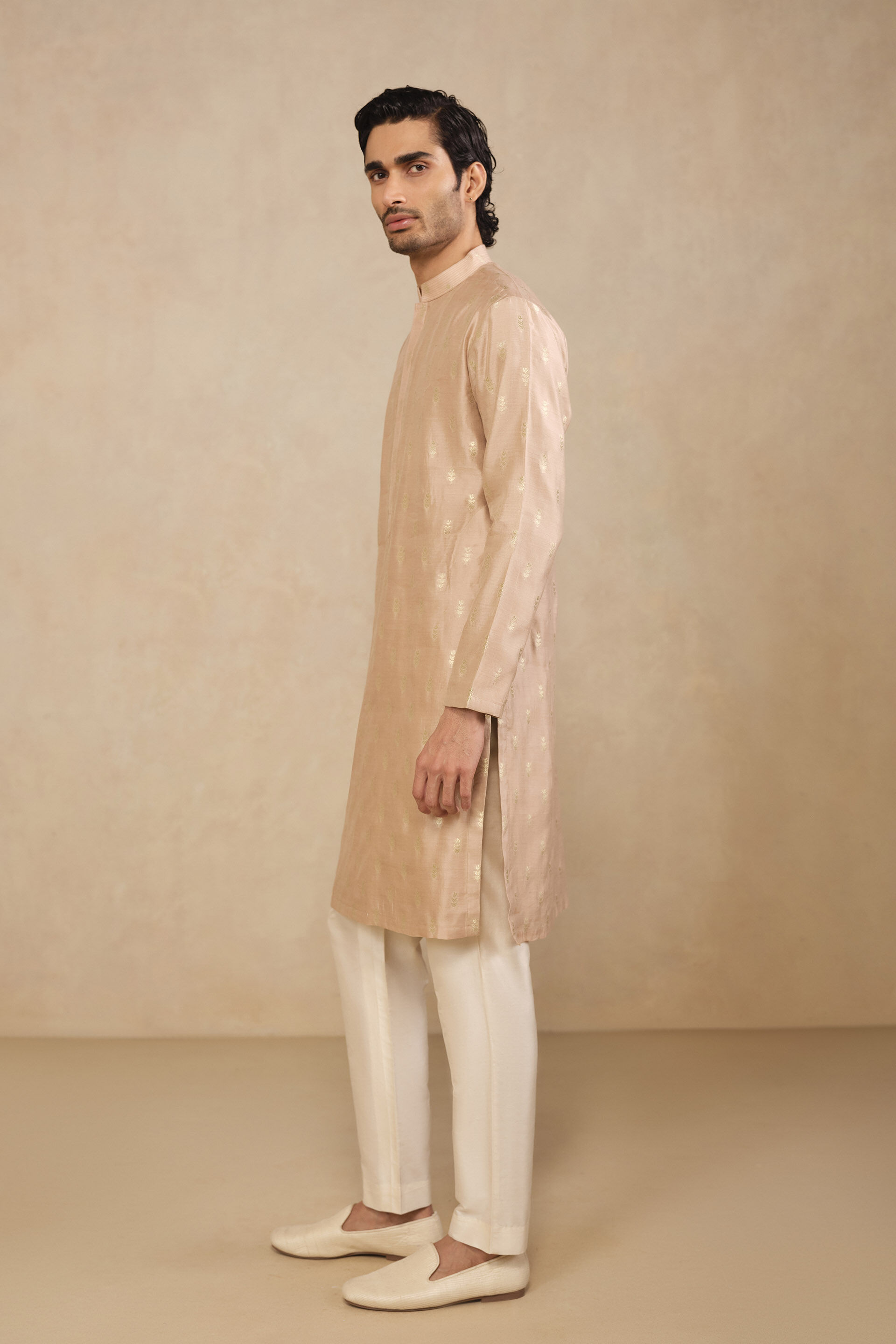 Aryam Woven Benarasi Kurta - Champagne, Champagne, image 3