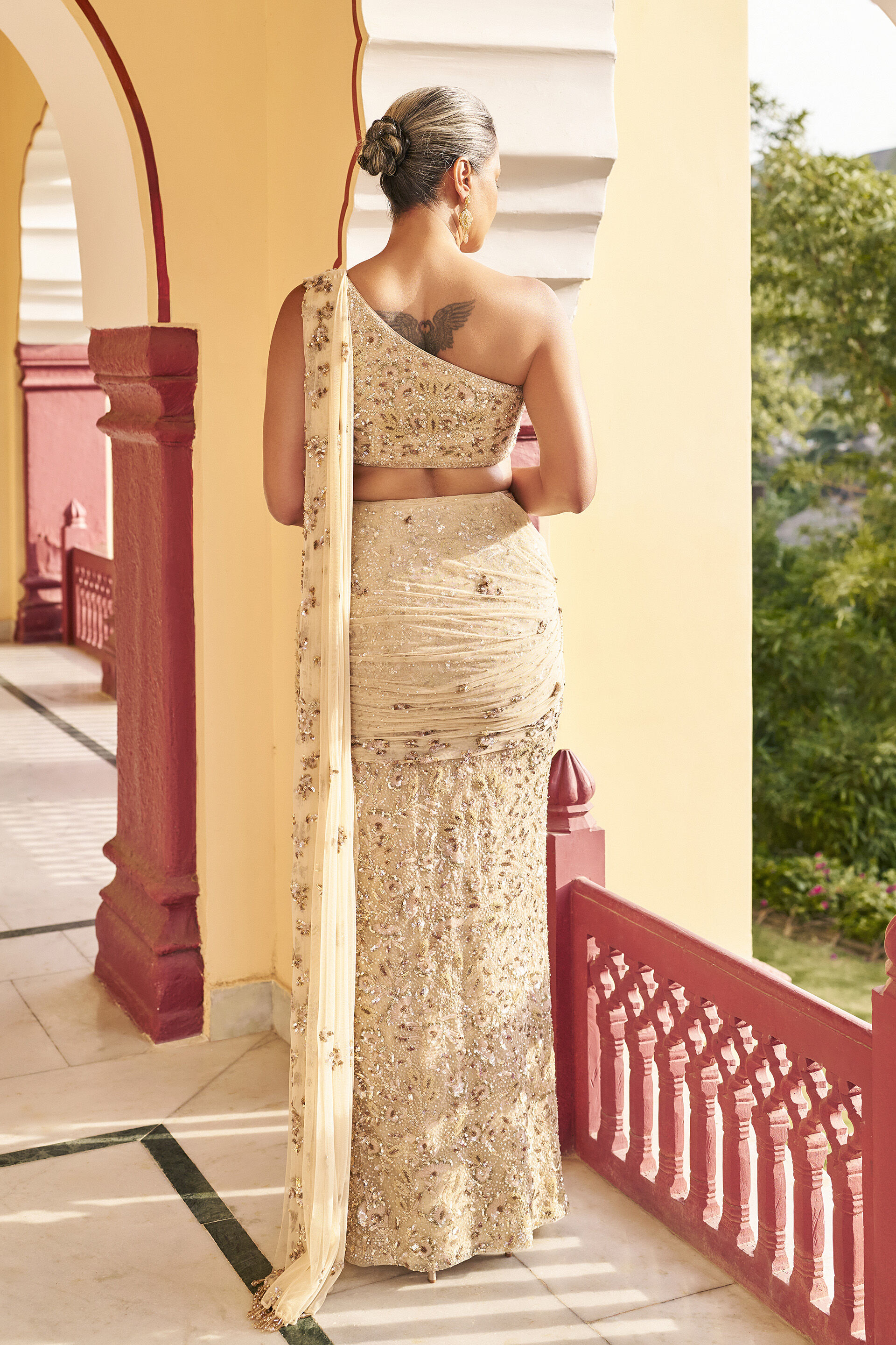 Keepsake Embroidered Pre-draped Saree - ​Beige, Beige, image 2