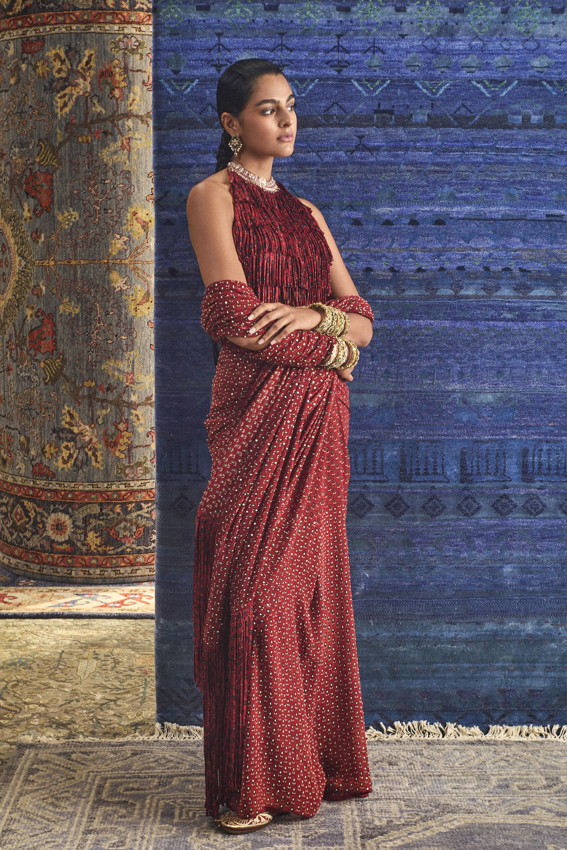 Anuka Ajrakh Hand-block Printed Fringe Pre-draped Saree - Red, Red, image 3