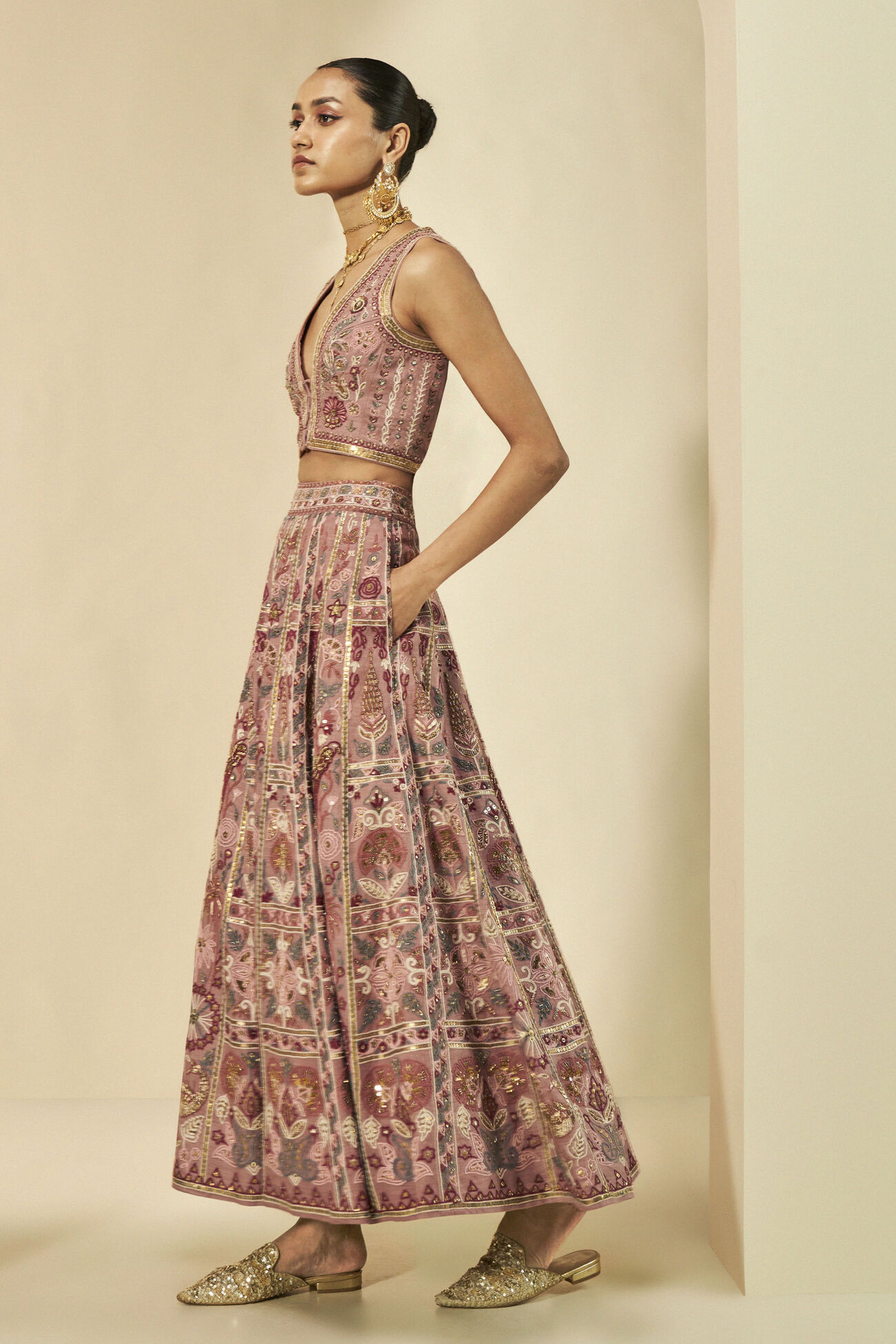Kaadhal SEWA Hand-embroidered Silk Skirt Set - Old Rose, Old Rose, image 2
