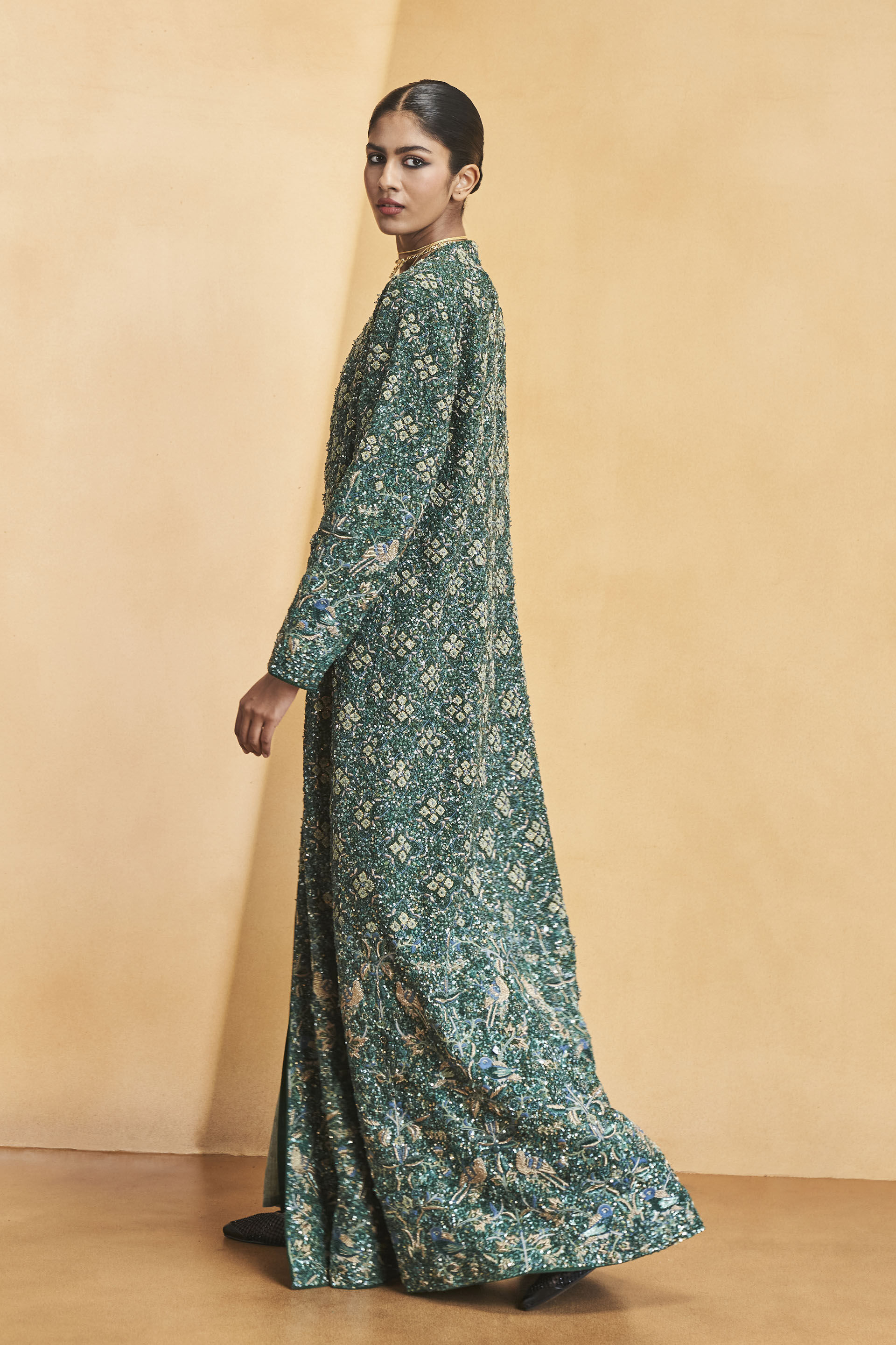 Deep Into The Wild Embroidered Zardozi Silk Jacket Set - Green