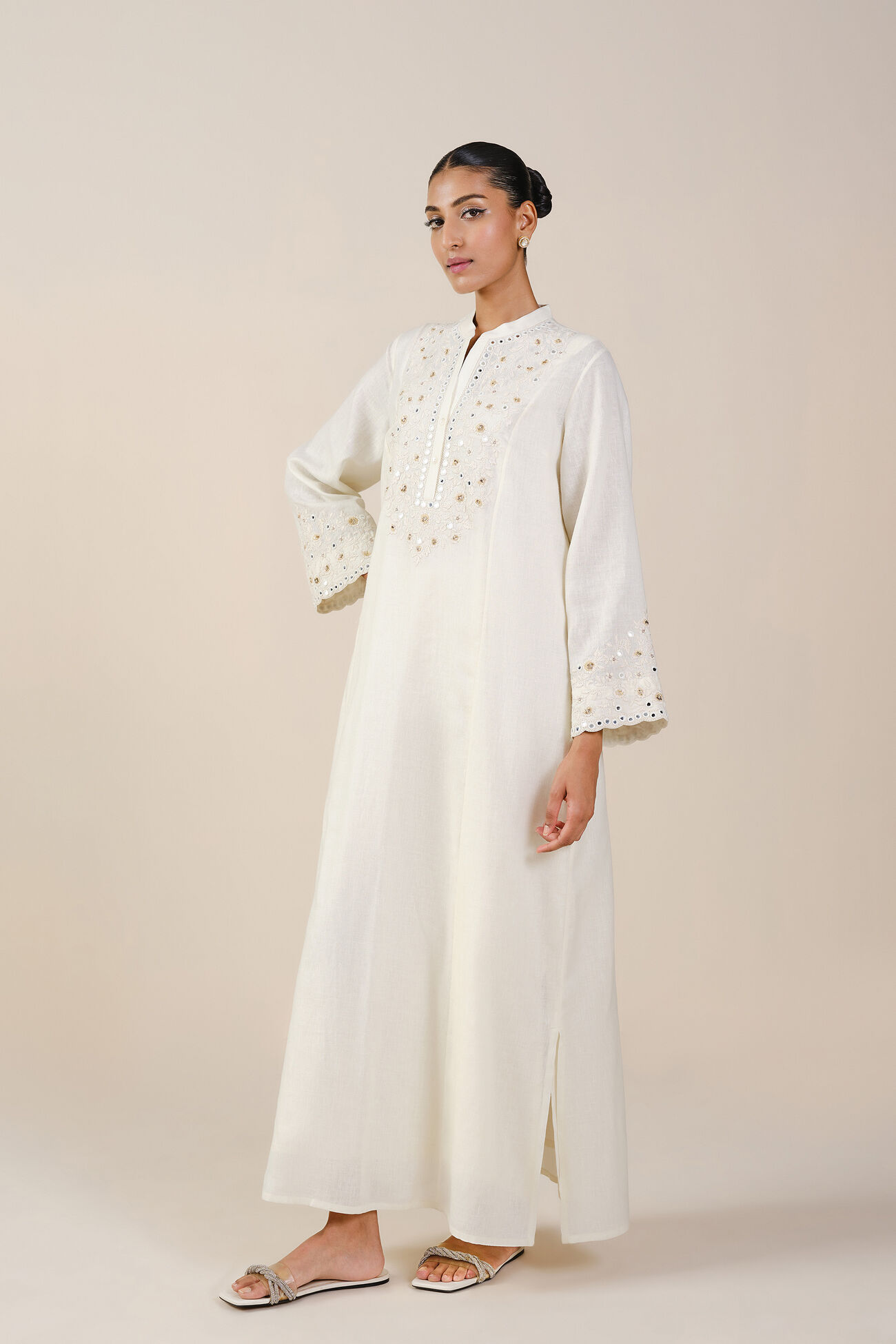 Sikara Mirror Embroidered Linen Kaftan - Natural, Natural, image 2